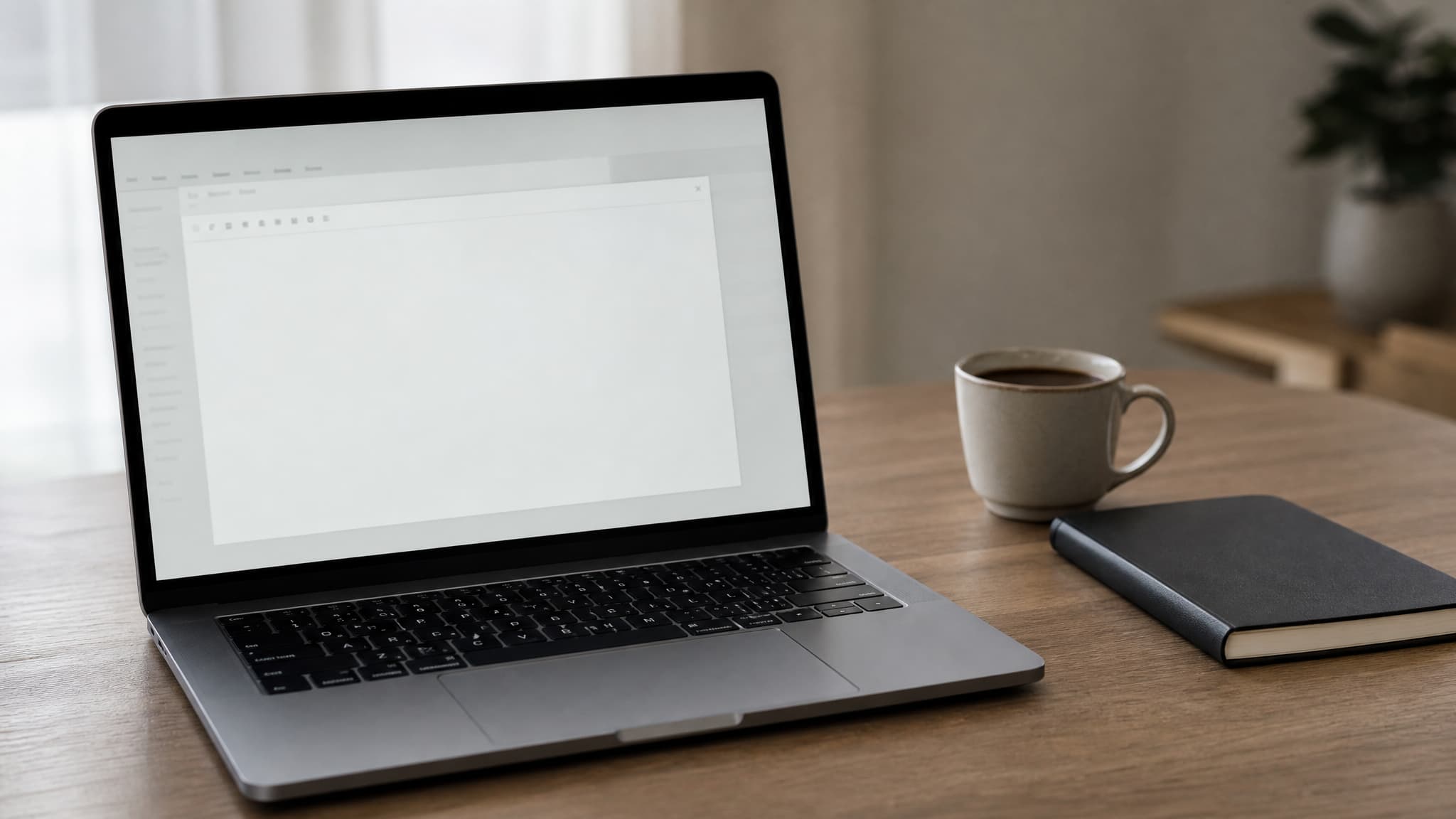 A laptop open on a wooden desk in soft daylight showing an empty message compose window, a cup of coffee and a closed notebook beside it