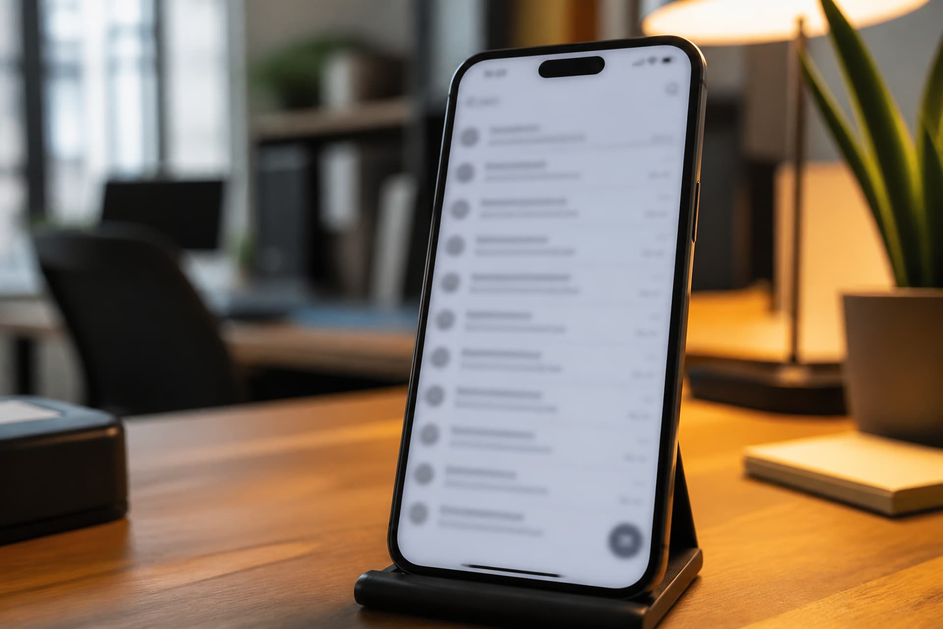 A phone propped upright on a wooden desk showing a mail inbox as a blurred vertical list of grey rows, every line unreadable, a lit lamp and an office out of focus behind