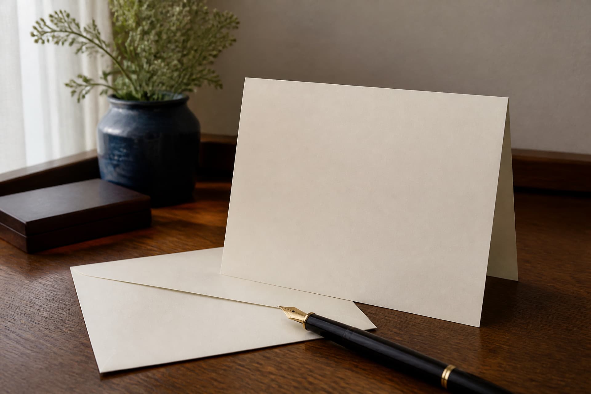A blank cream folded card standing open on a dark wooden desk beside its envelope, a black fountain pen laid across the paper, a small vase of dried flowers behind