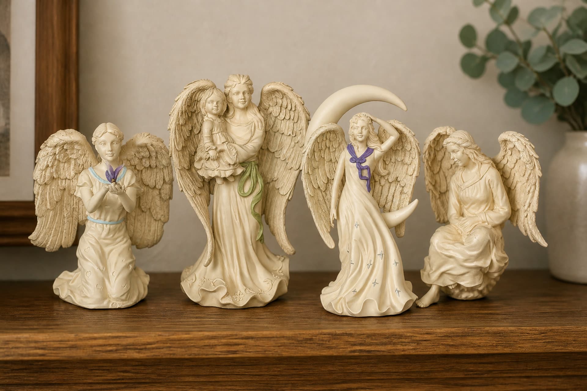 Four pale cast angel figures standing and seated in a row on a wooden shelf, one holding a butterfly, one holding a child, one before a crescent moon, one seated with head bowed