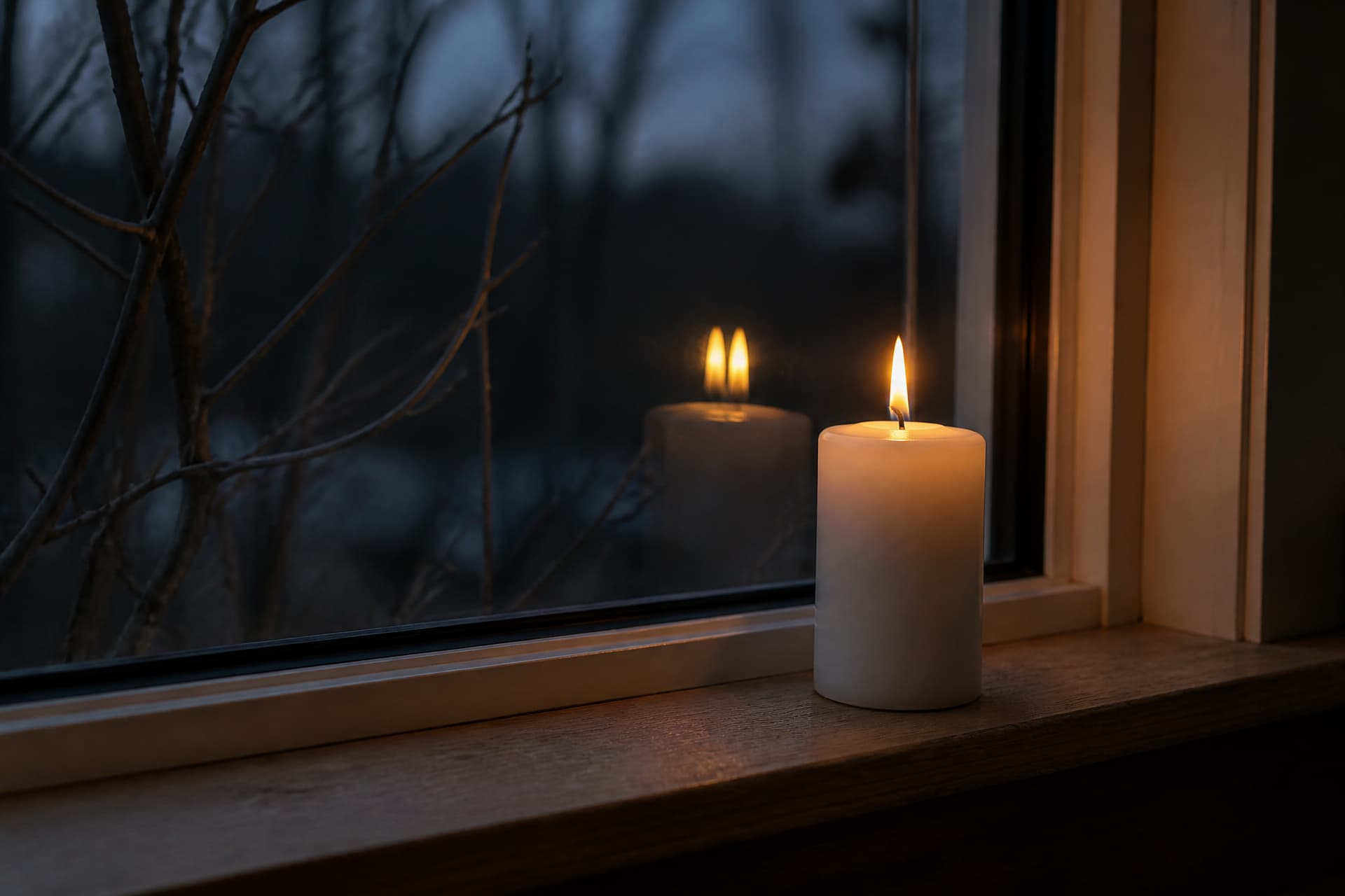 A single lit white pillar candle on a wooden windowsill at dusk, its flame reflected in the dark glass, bare winter branches outside