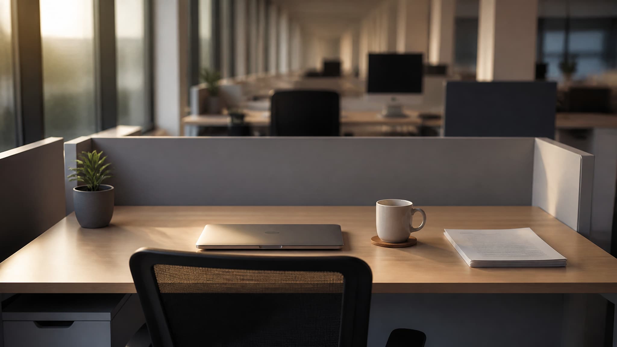 An empty desk in a quiet office with a chair pushed in, a closed laptop and a plant, in soft morning light