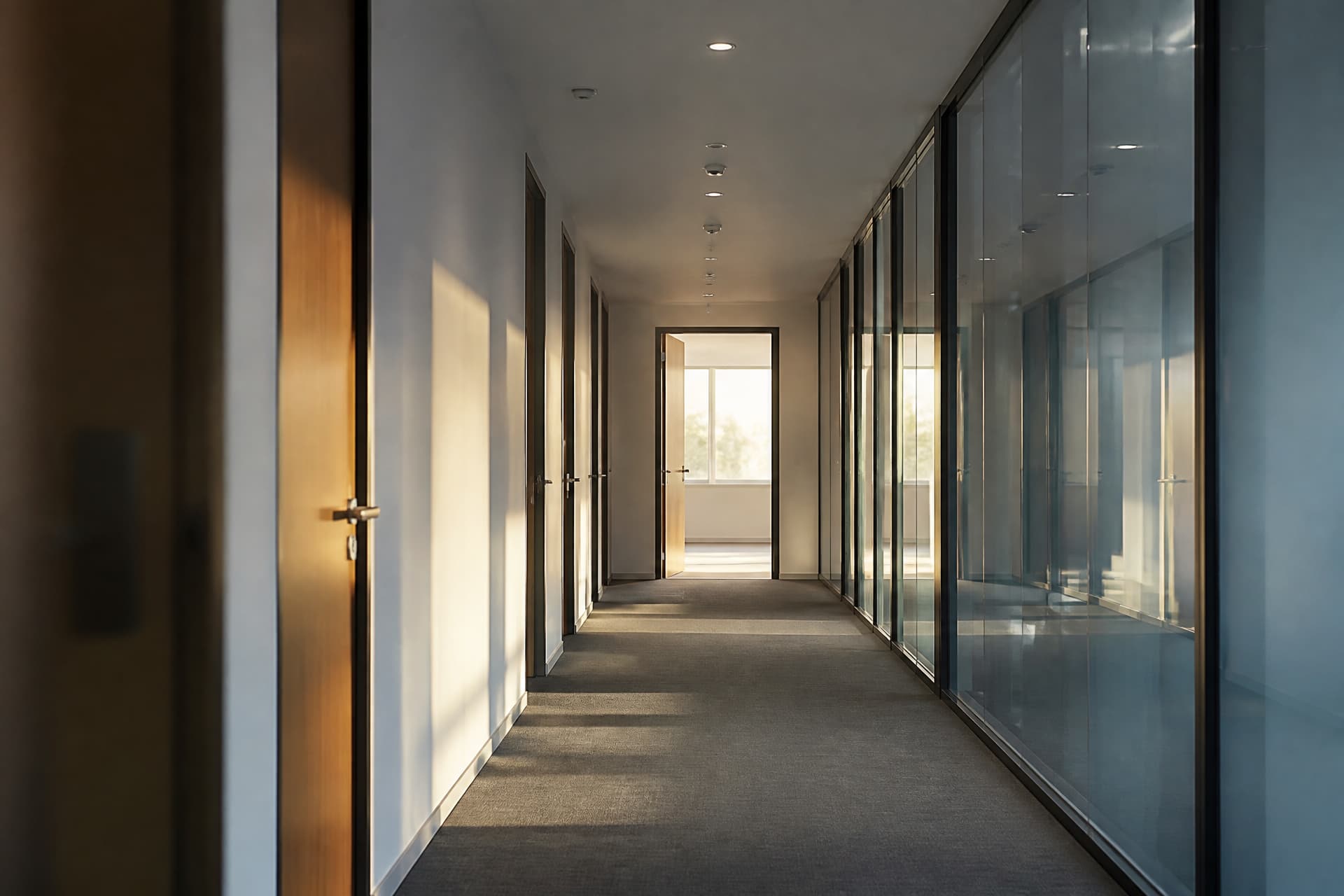An empty office corridor in morning light with a glass meeting-room wall on one side and an open doorway at the far end