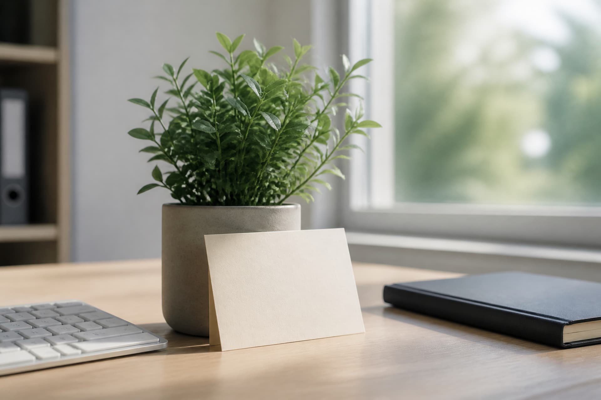 A small potted plant on an office desk with a blank cream card propped against the pot, beside a keyboard and a closed notebook in window light