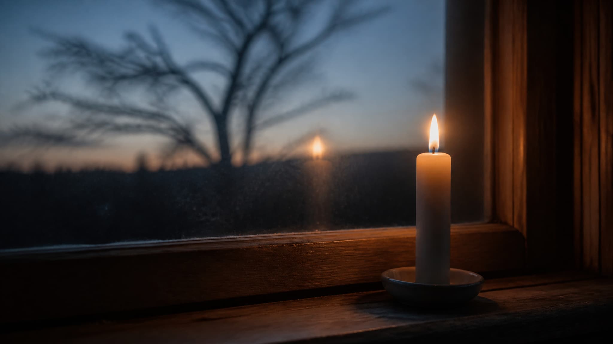 A single lit white candle in a small dish on a wooden windowsill at dusk, a bare tree and a low horizon beyond the glass, the room behind unlit