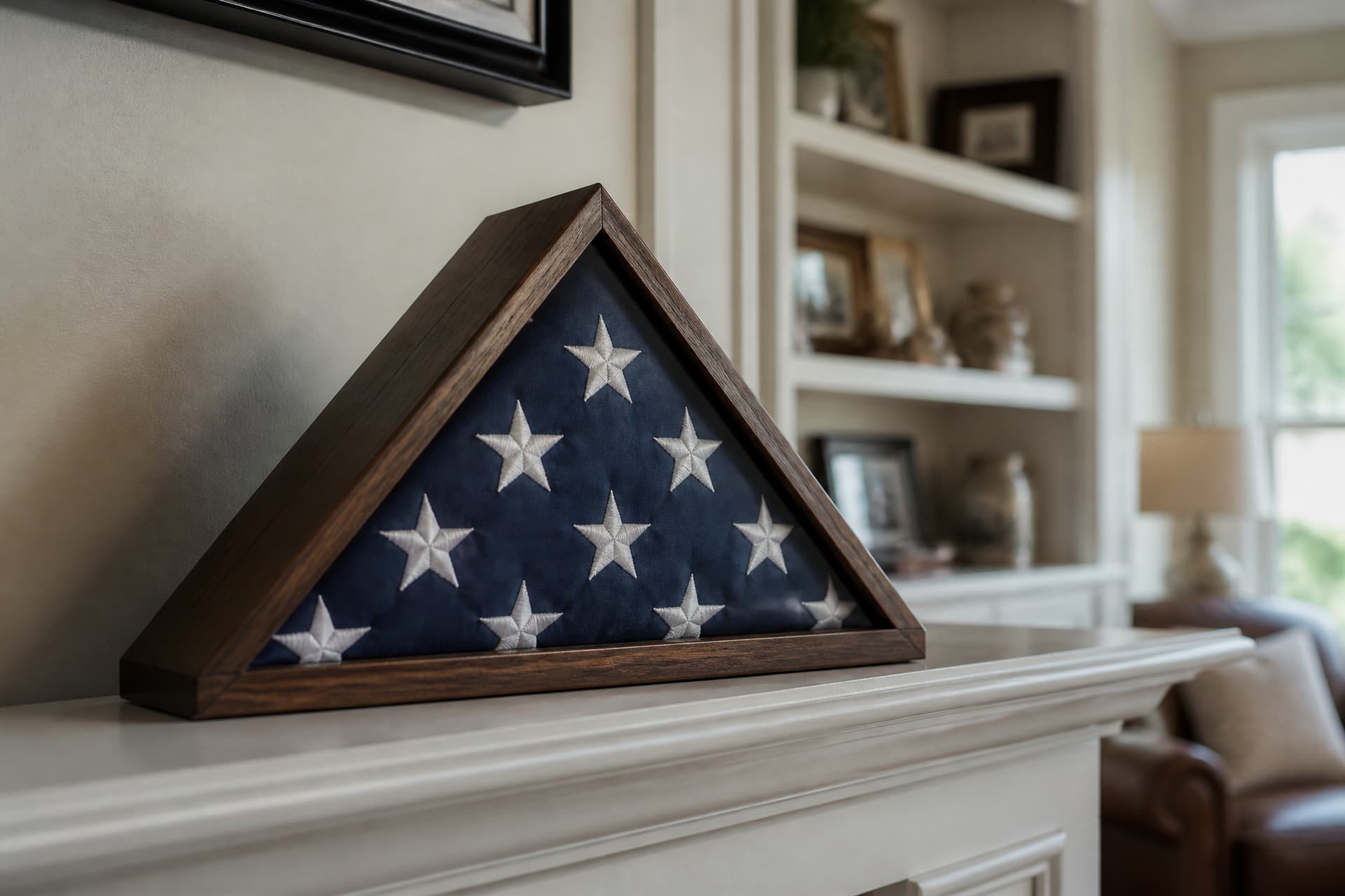 A folded American flag in a triangular wood and glass display case standing on a mantel, showing the blue field and white stars, with a family room softly out of focus behind