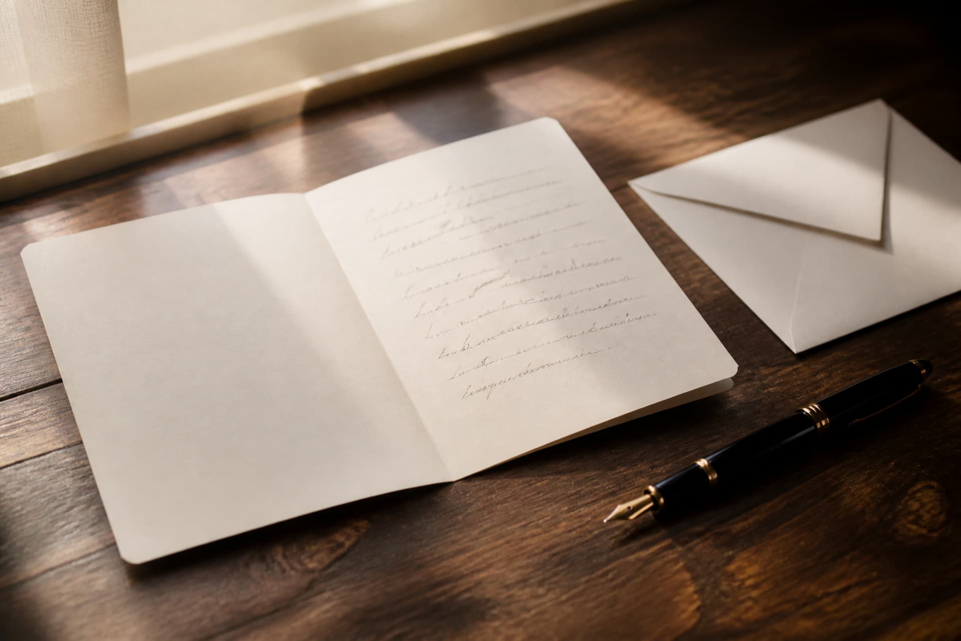 A handwritten cream card on a wooden table beside a pen and an unaddressed envelope, the handwriting soft and illegible