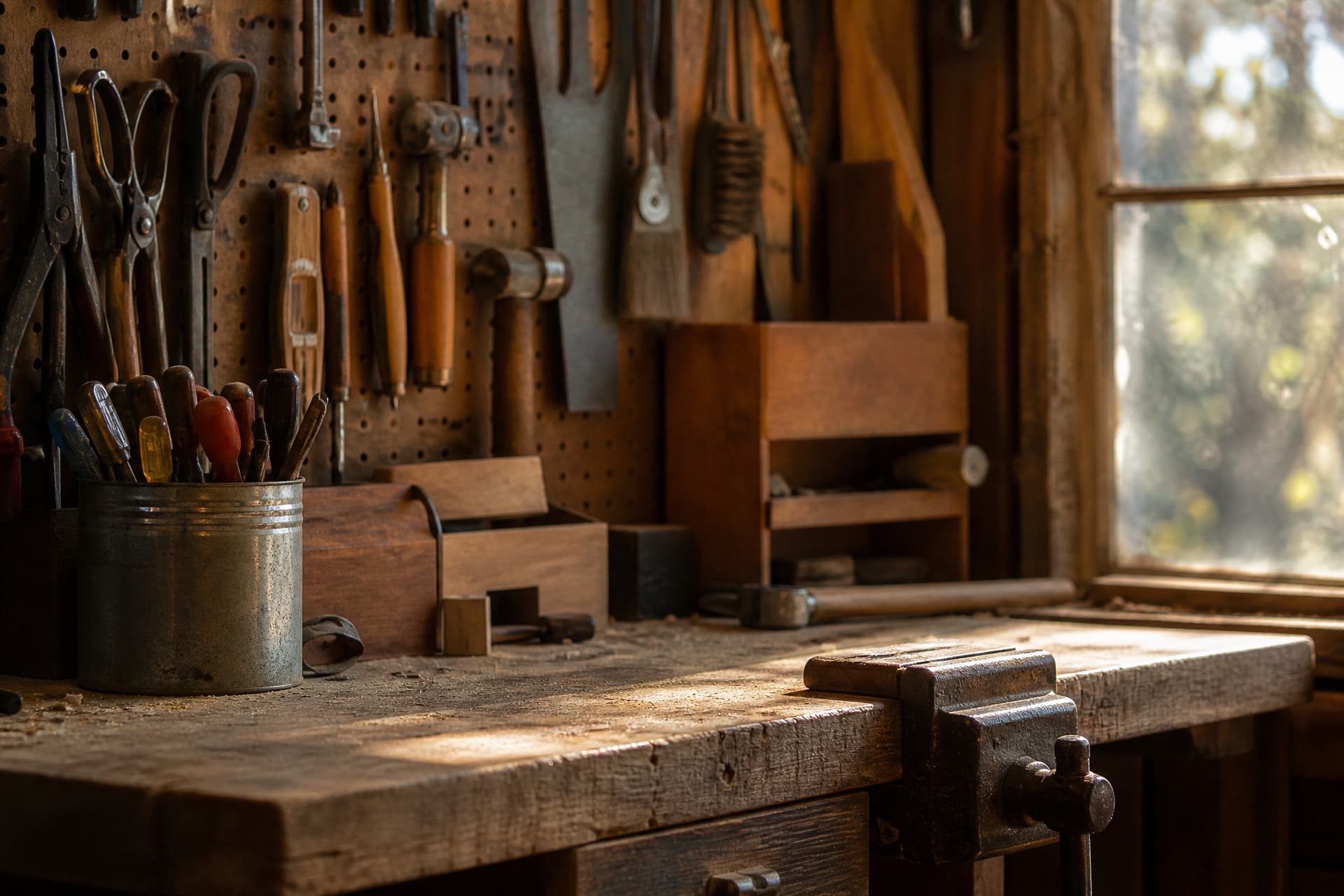 A home workshop corner with hand tools hung on a pegboard above a worn wooden bench, a tin of screwdrivers and a vise, in warm light from a dusty window
