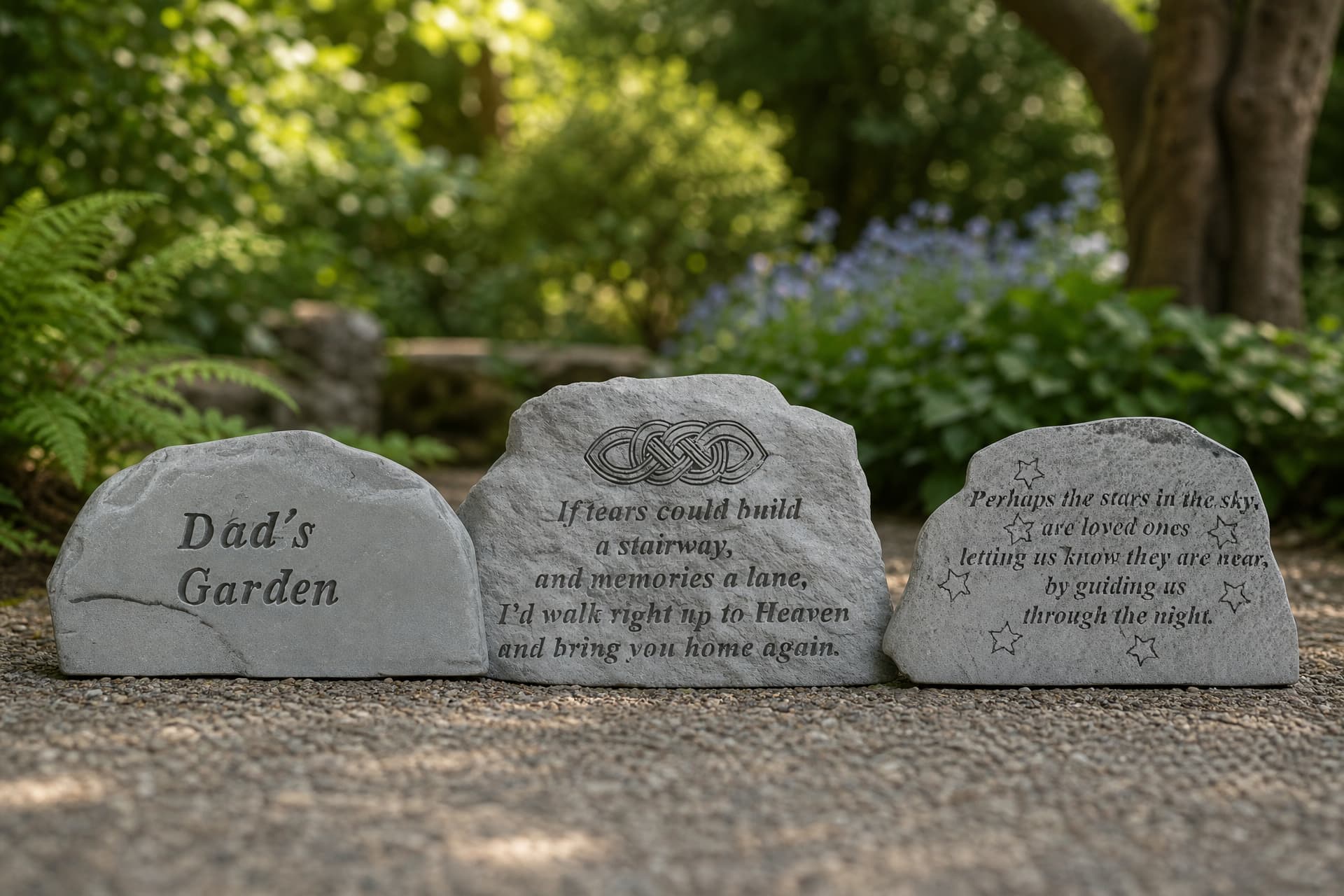 Three engraved cast stone garden memorials on a gravel path among ferns, reading "Dad's Garden", a Celtic knot verse beginning "If tears could build a stairway", and a star-marked stone