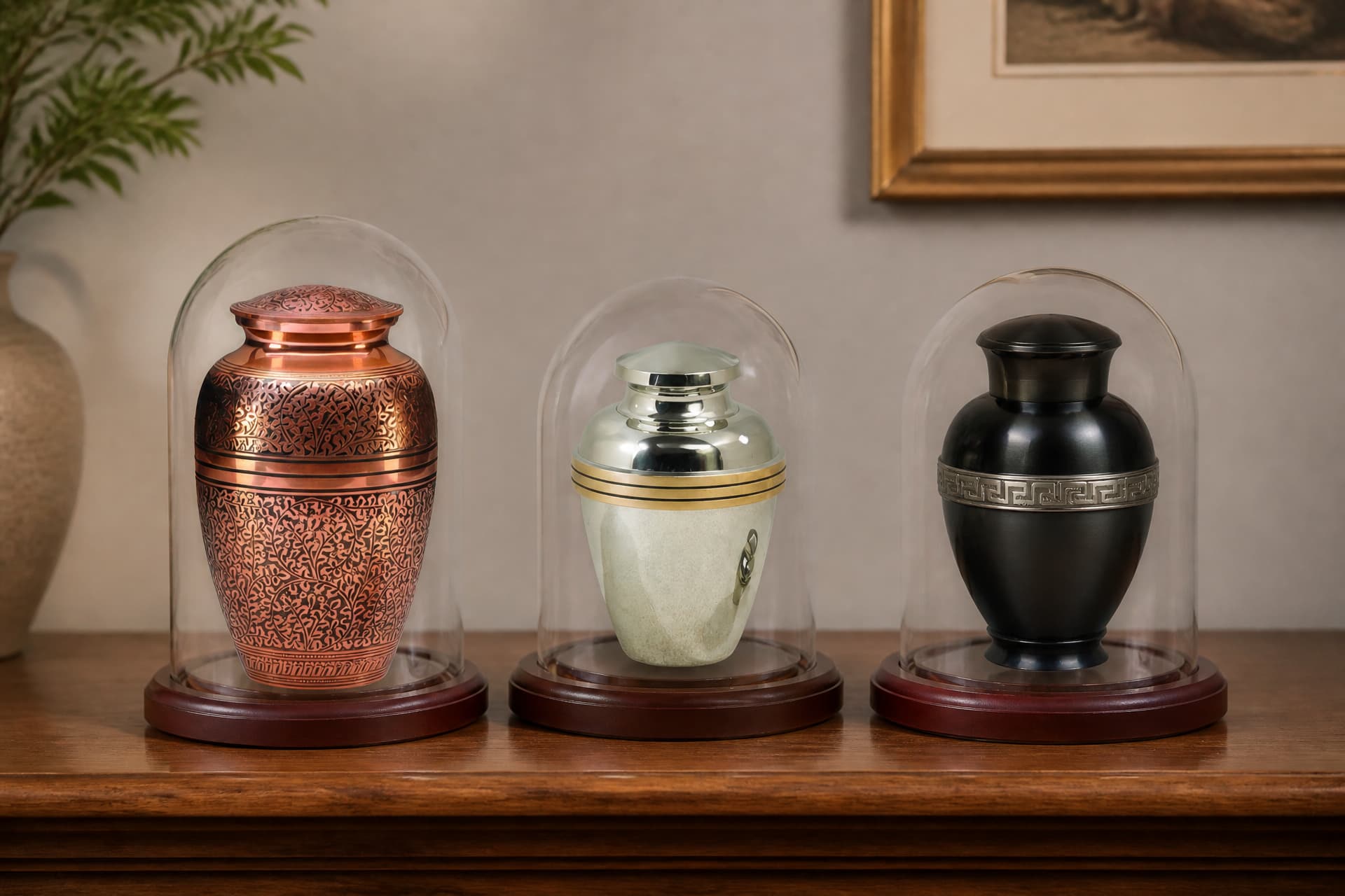 Three metal cremation urns under clear glass domes on walnut bases along a wooden sideboard โ one etched copper, one silver with gold banding, one plain black with a pewter Greek key band