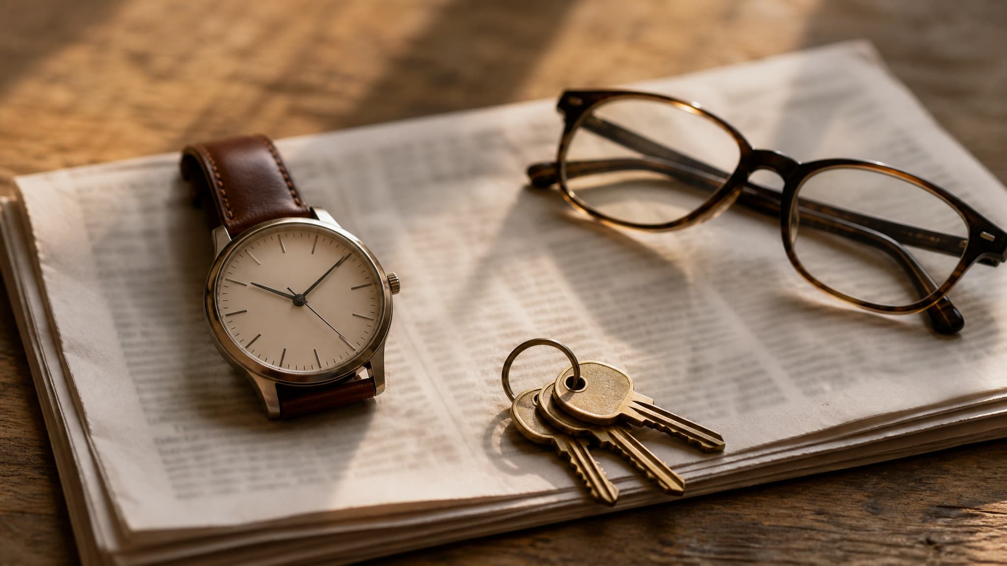 A worn leather watch strap and a pair of reading glasses resting on a folded newspaper on a wooden table in warm light