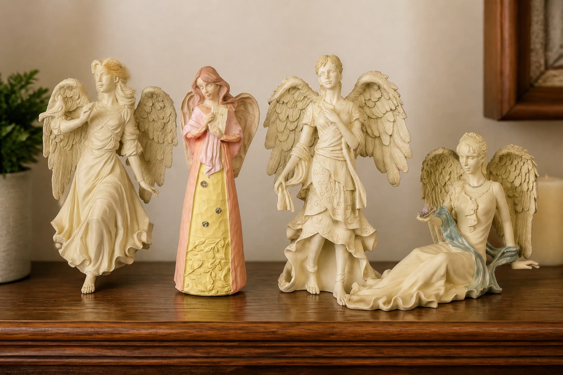 Four pale cast angel figures standing and seated along a wooden sideboard, one in a pink and yellow robe reading, the others in flowing cream drapery