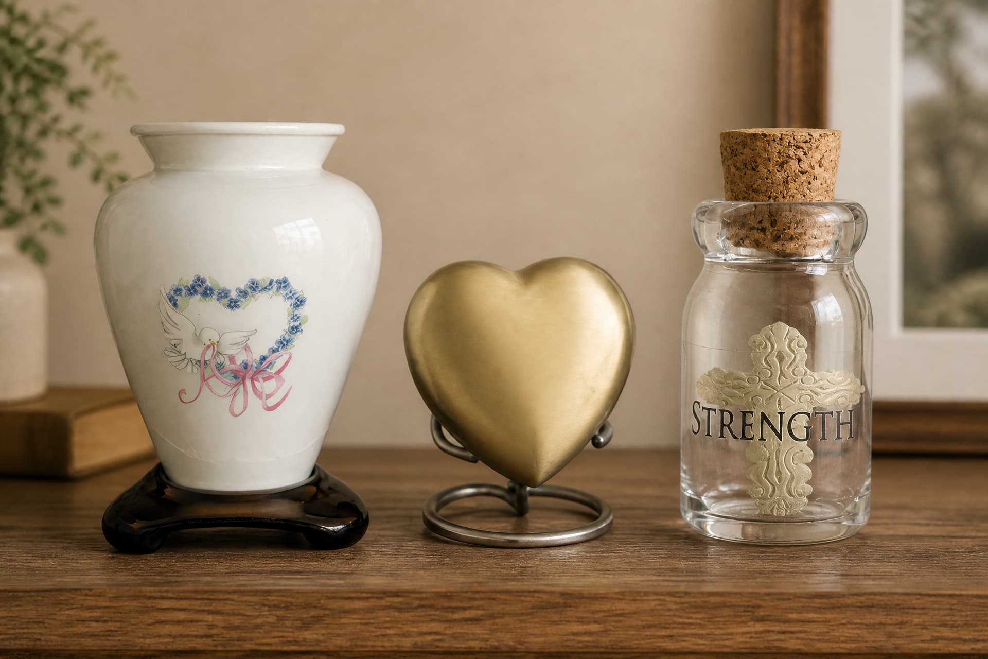 A ceramic vase, a bronze heart keepsake and a small glass bottle charm set displayed together on a home shelf