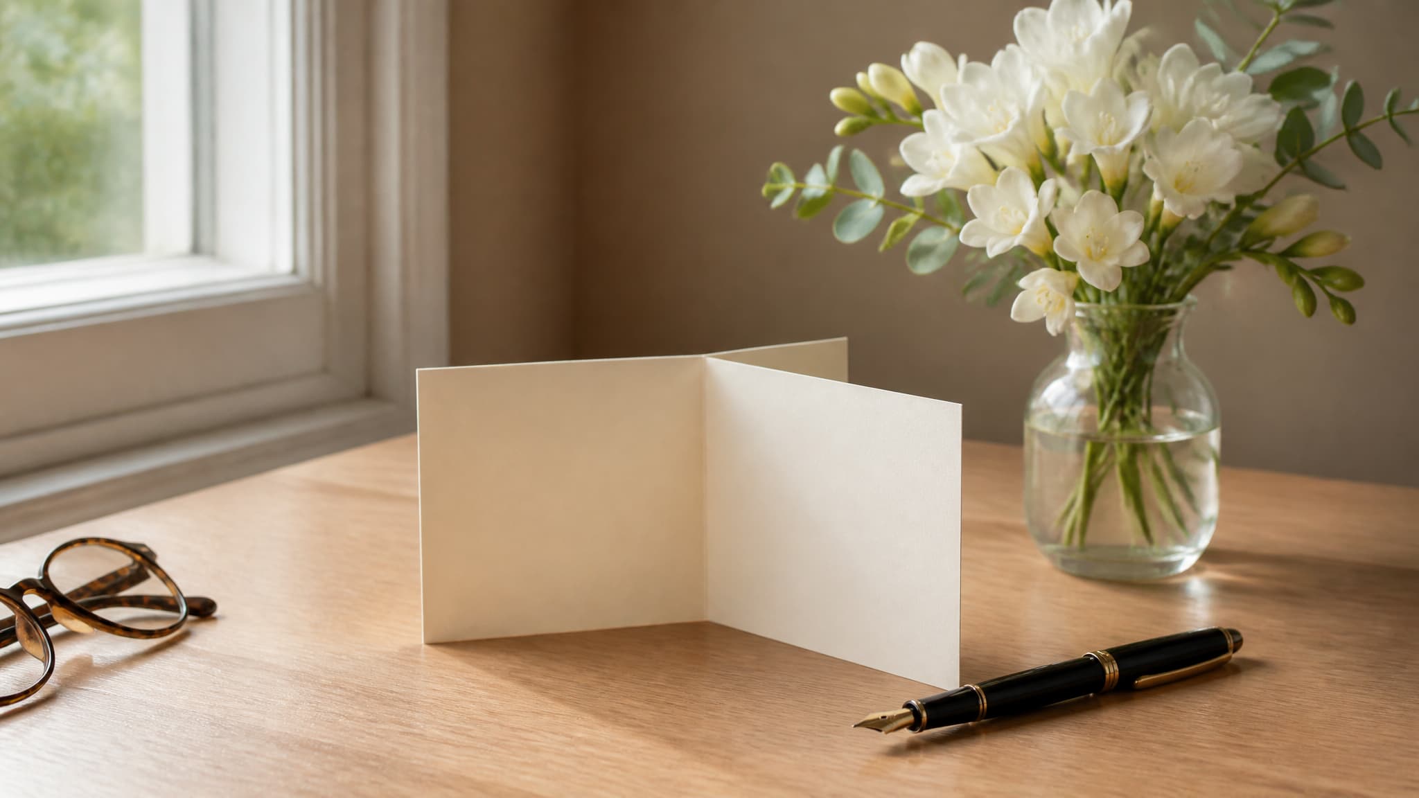 An open sympathy card and a fountain pen resting on a wooden table beside a small vase of white flowers in morning light