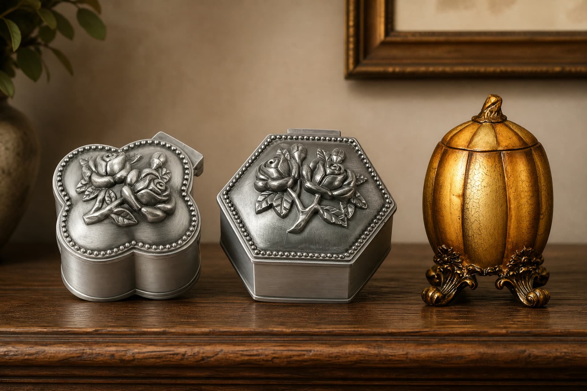 Two pewter keepsake boxes with raised rose designs beside a gold footed keepsake urn, arranged on a wooden shelf in a softly lit room