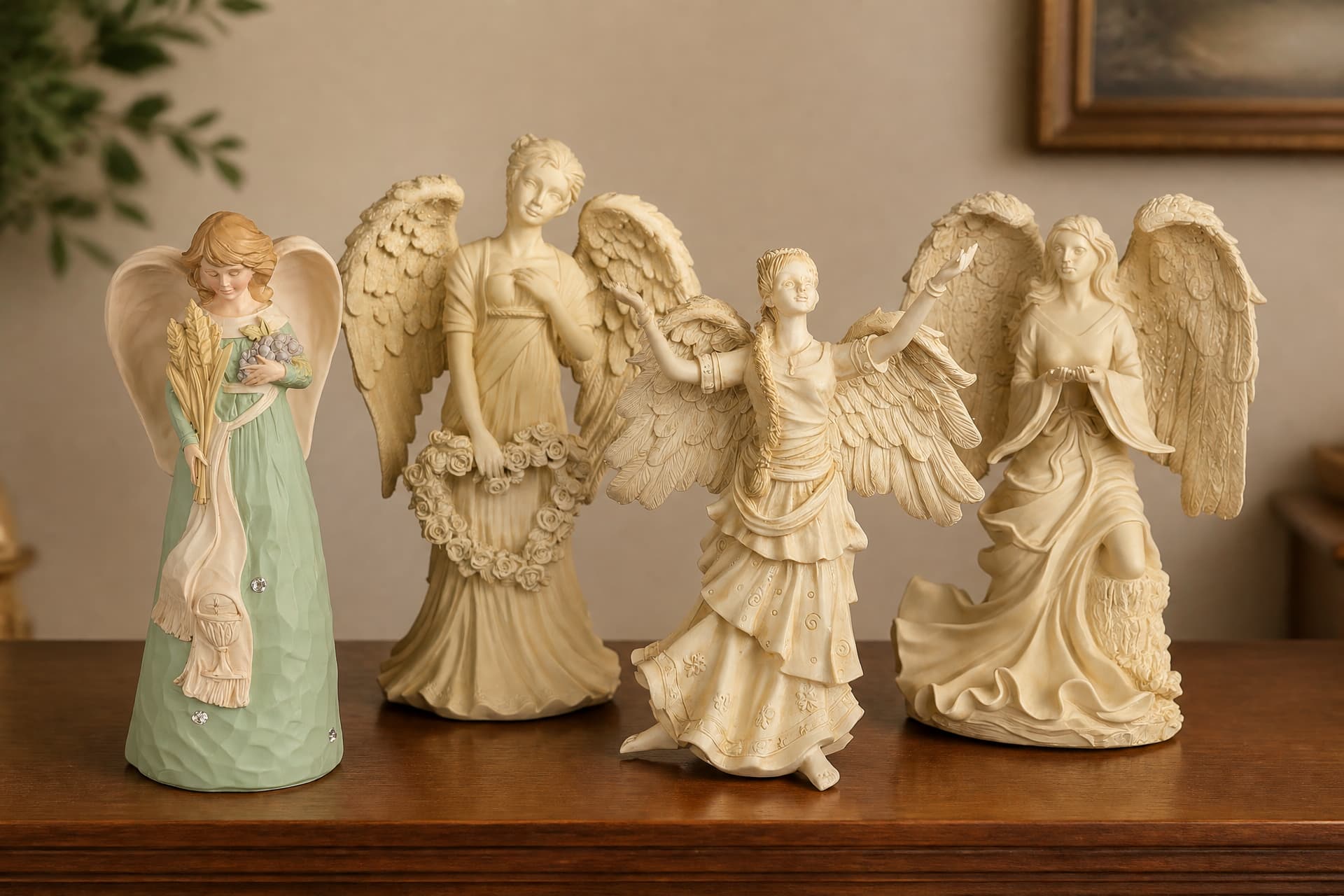 Four cast angel figures standing along a wooden sideboard, one in a pale green robe holding wheat, one holding a wreath of roses, one with arms raised, one seated with hands open