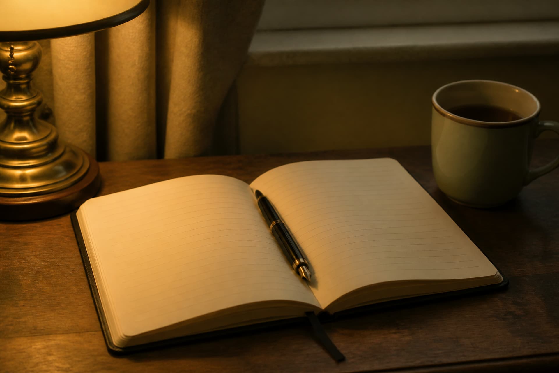 An open lined notebook with blank unwritten pages on a wooden desk under a lamp, a fountain pen resting in the gutter and a mug of tea to one side