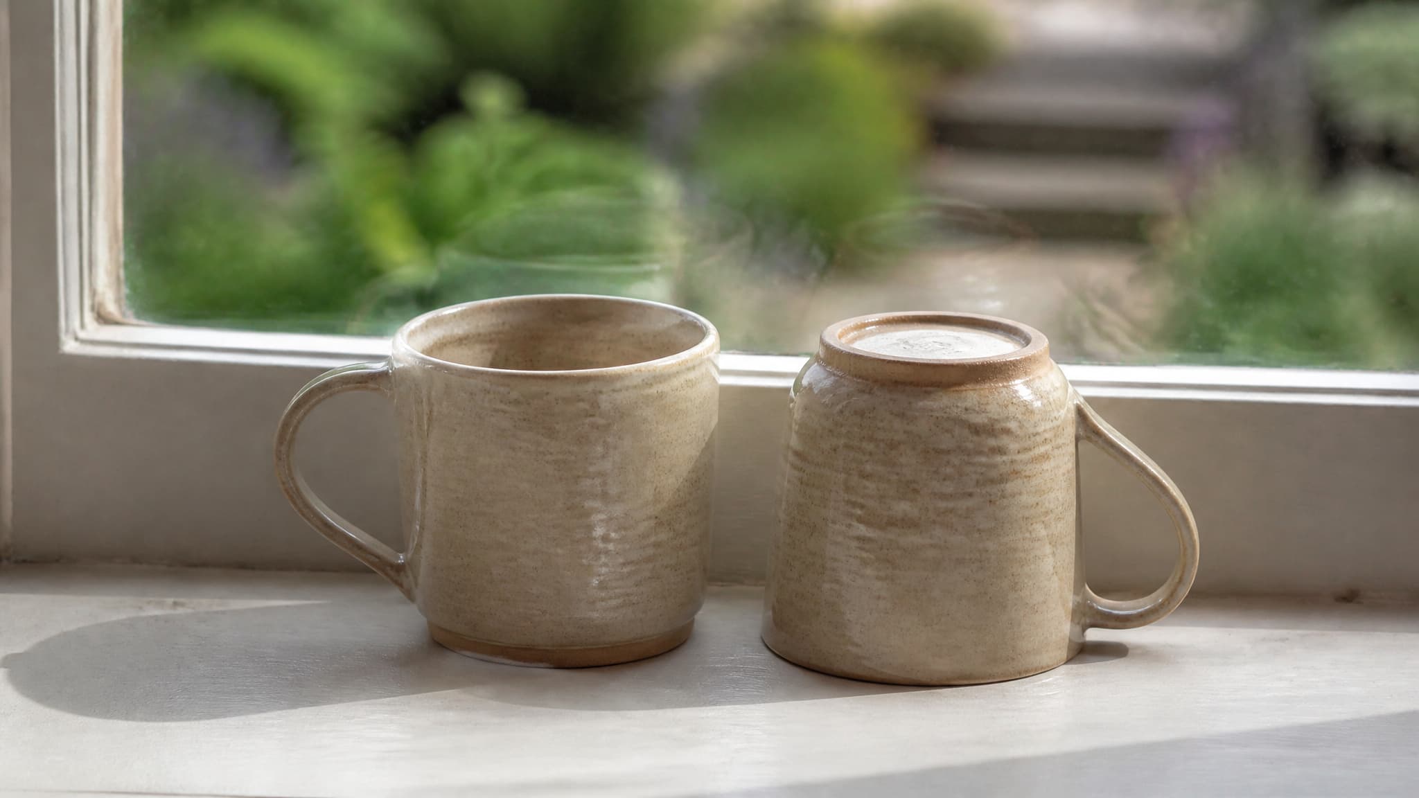 Two matching stoneware mugs on a kitchen windowsill in morning light, one upright and one turned upside down and dry, a garden out of focus through the glass