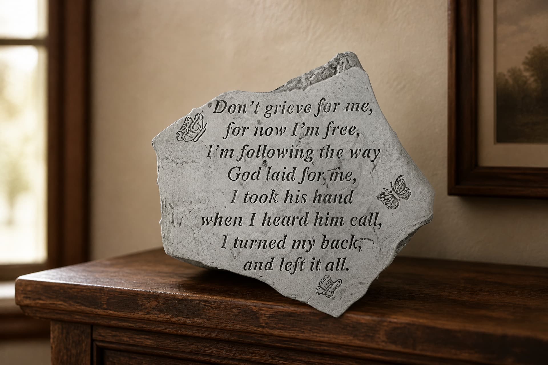 A cast stone memorial plaque on a wooden sideboard, engraved with a verse beginning "Don't grieve for me, for now I'm free" and decorated with small butterflies