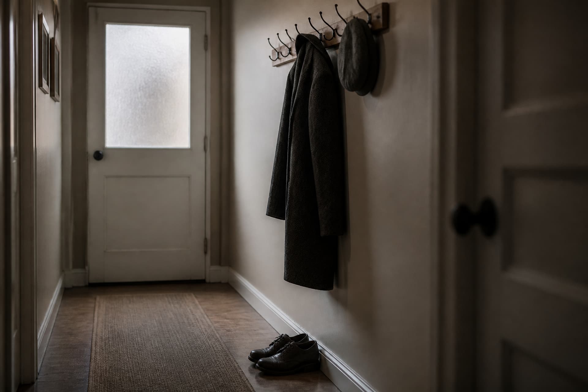 A heavy wool coat and a flat cap still hanging on hooks in a narrow hallway, a pair of worn leather shoes on the floor beneath them, grey daylight through a frosted door panel