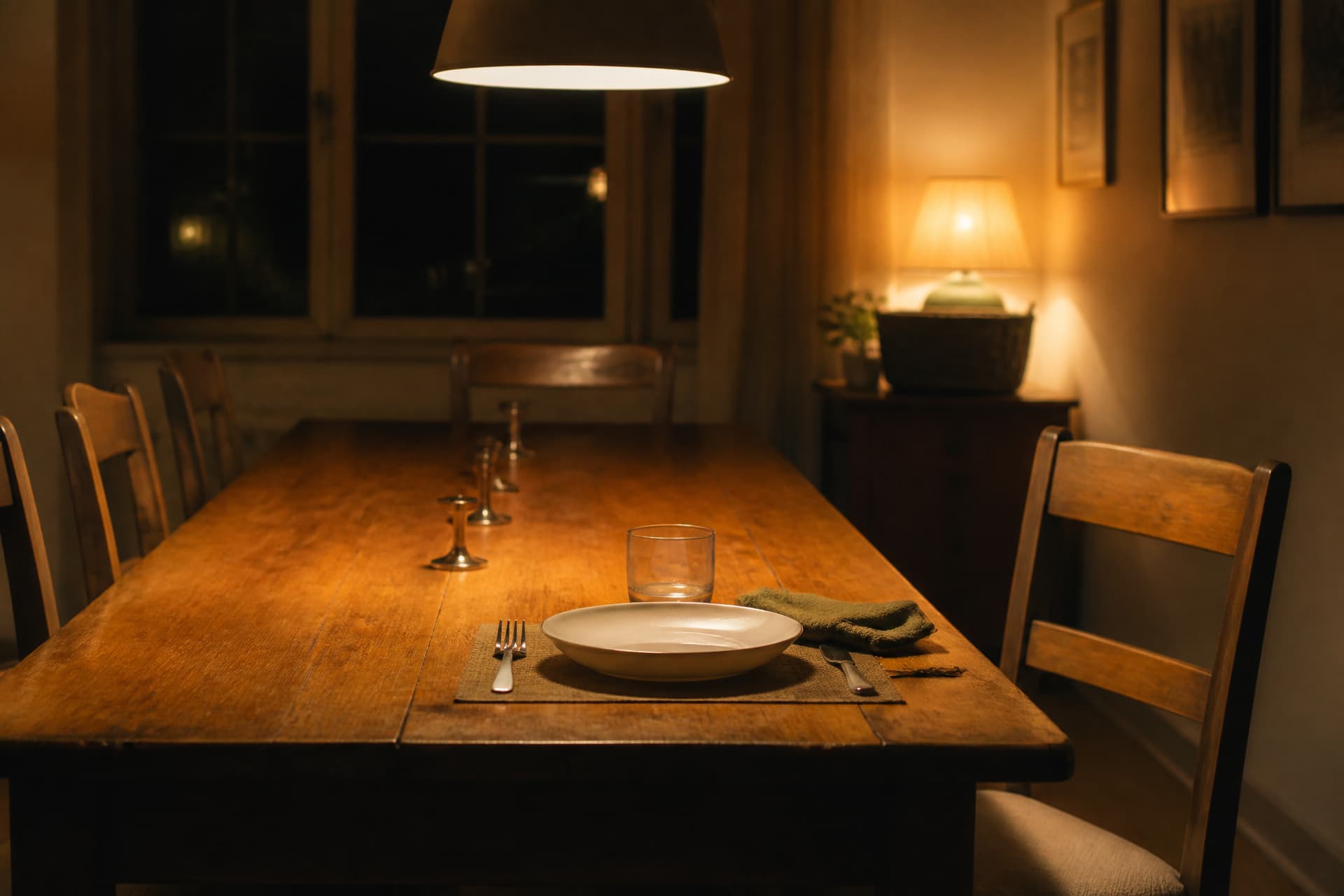 A long wooden dining table laid for one under a low pendant lamp at night, the other places bare and an empty chair opposite