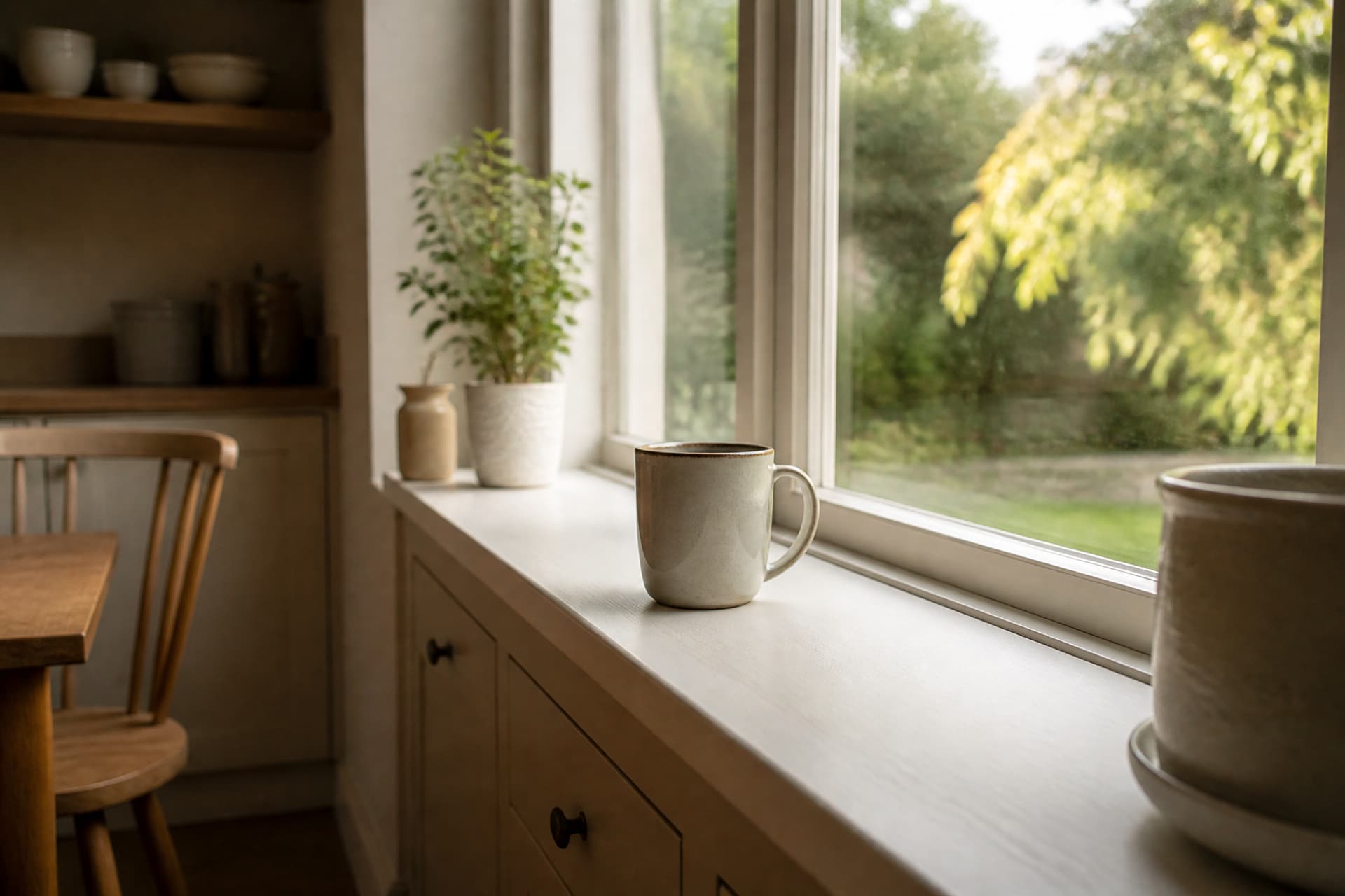 A single stoneware mug on a kitchen windowsill in morning light, a potted plant beside it and one wooden chair visible at the table behind