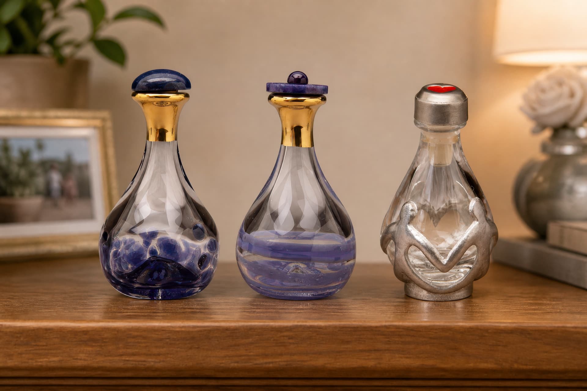 Three small glass tear bottles on a wooden sideboard โ one deep blue with a gold collar, one amethyst with a violet stopper, and one clear bottle held in a pewter cradle of two joined figures