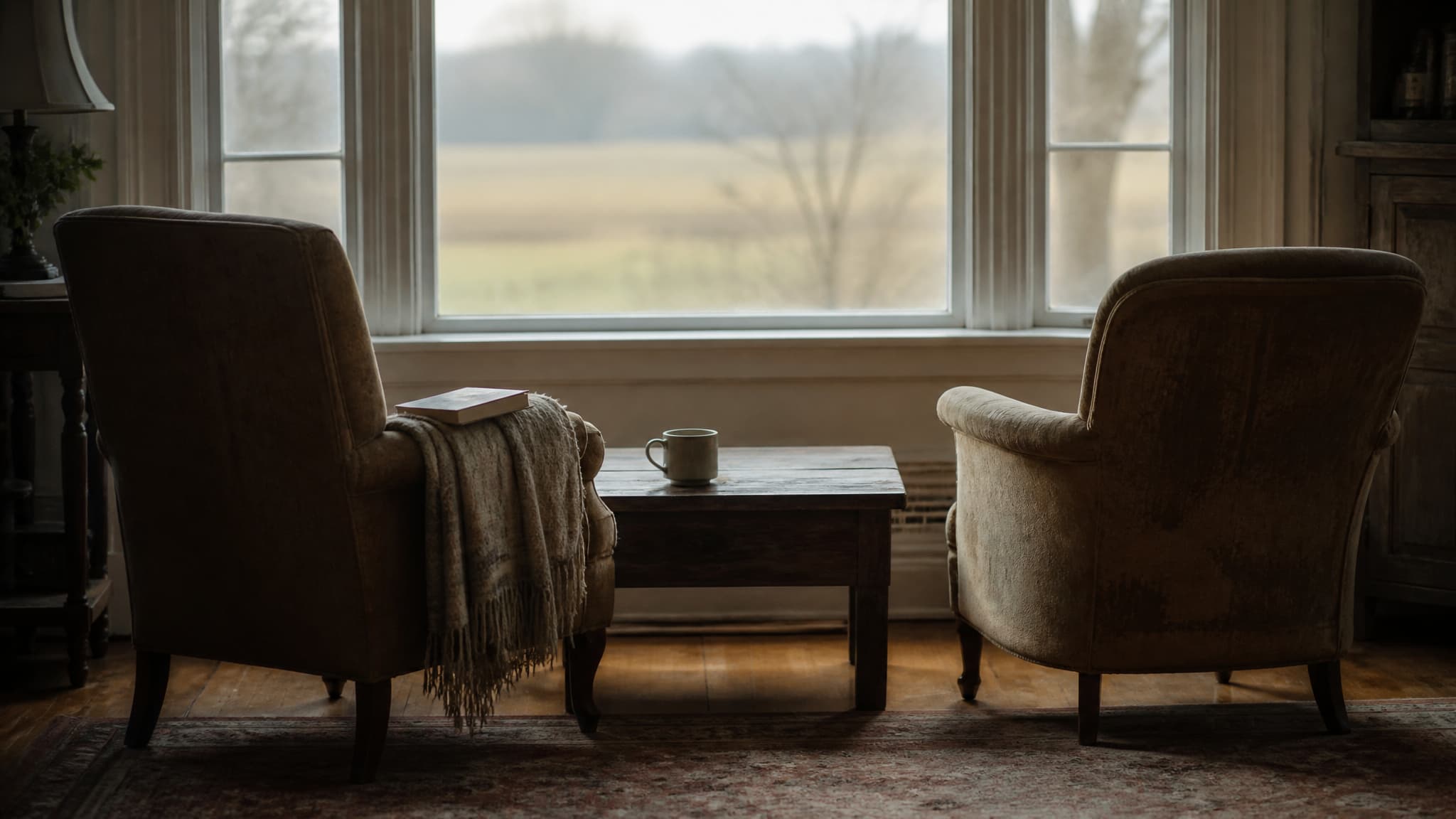 Two armchairs facing a window in a quiet living room, one with a folded blanket over the arm, in soft morning light
