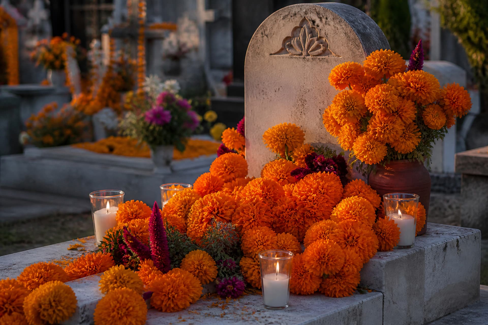 A pale stone grave heaped with bright orange marigold blooms and lit glass candles at sunset, with other decorated graves out of focus behind