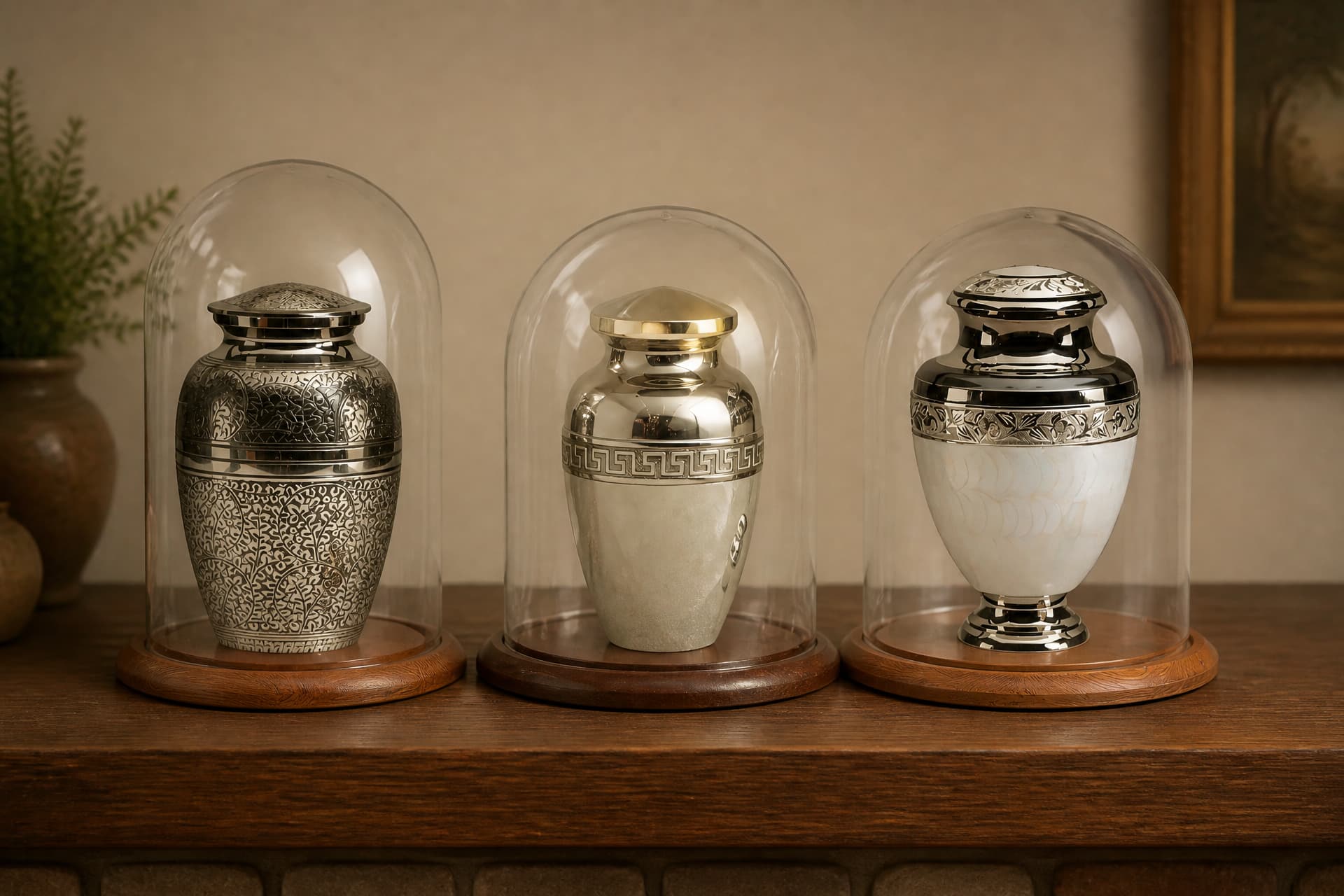 Three engraved metal keepsake urns displayed under clear glass domes on wooden bases along a dark wooden shelf
