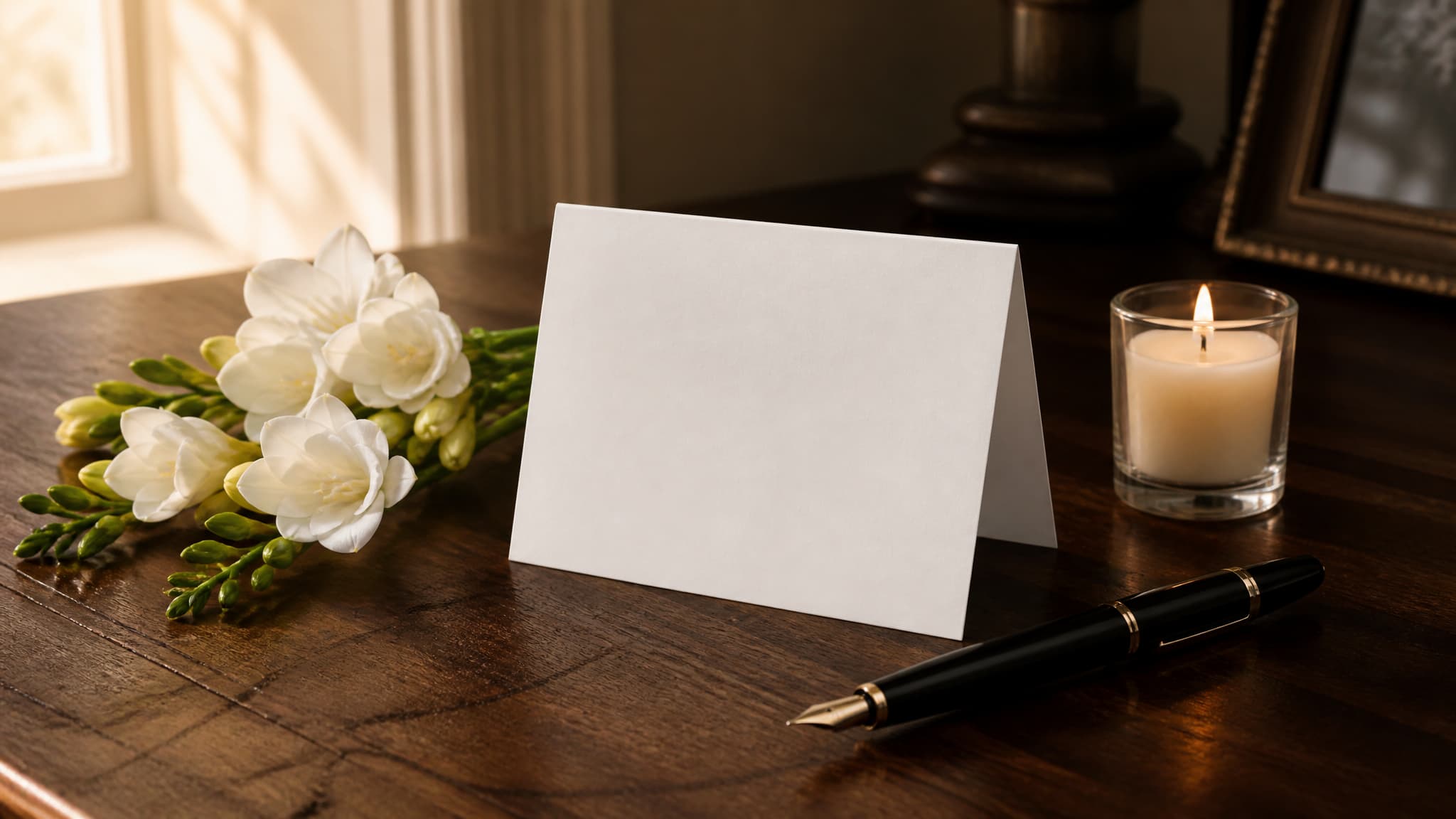 A white sympathy card and a fountain pen resting on a dark wooden table beside a lit votive candle in warm afternoon light