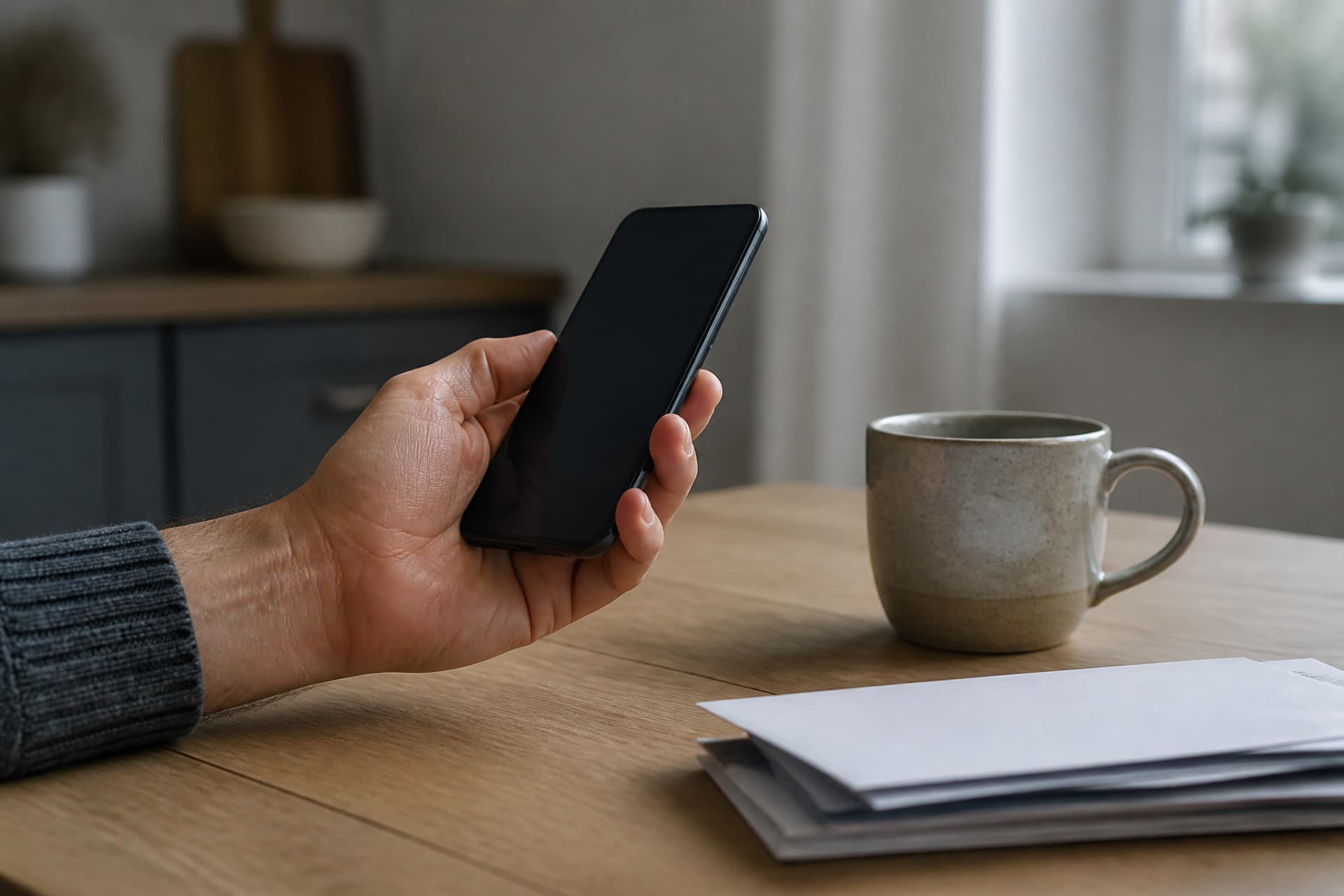 A hand holding a phone at a kitchen table with the screen turned away from the camera, a mug and unopened post beside it