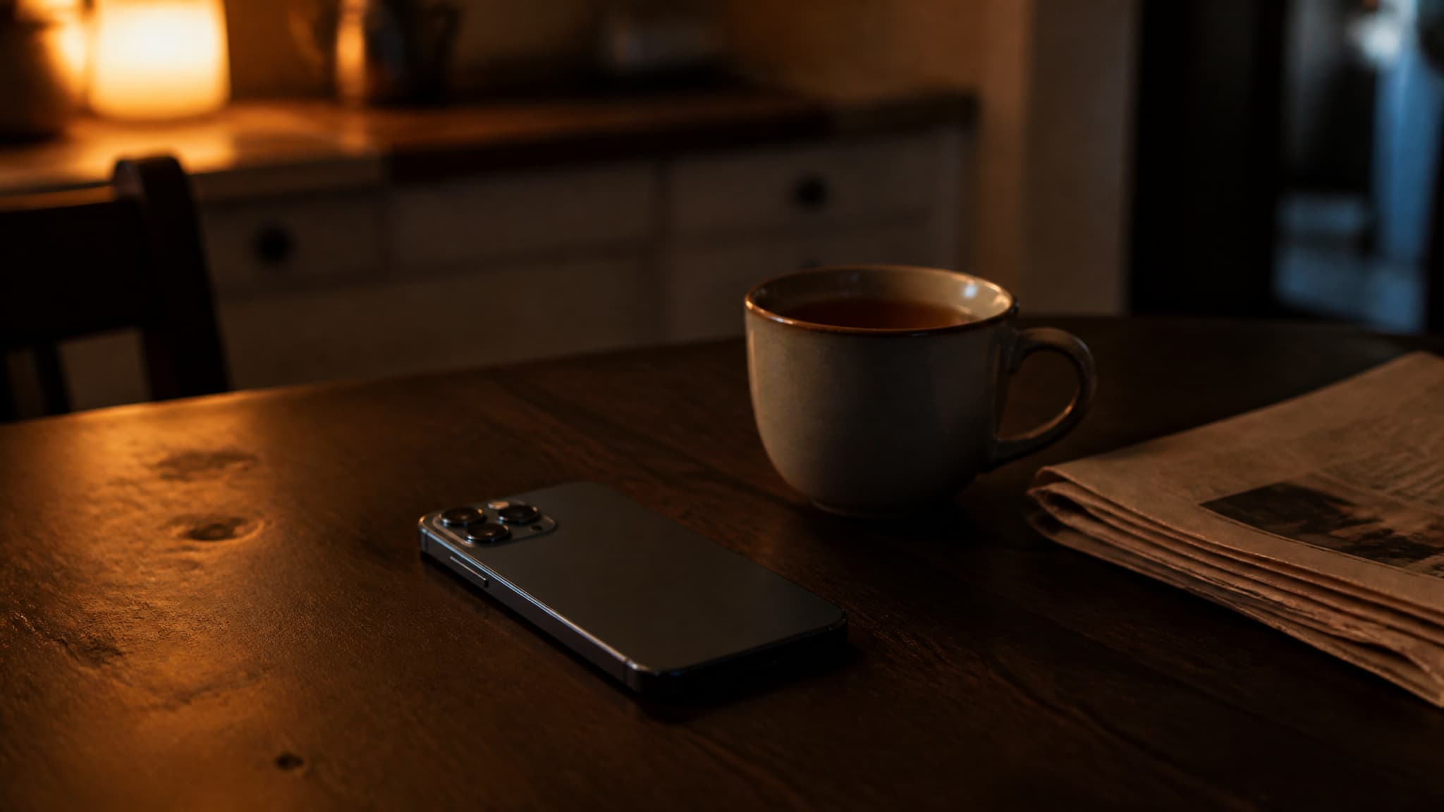 A phone lying face down on a wooden table beside a cup of tea and a folded newspaper in low evening light