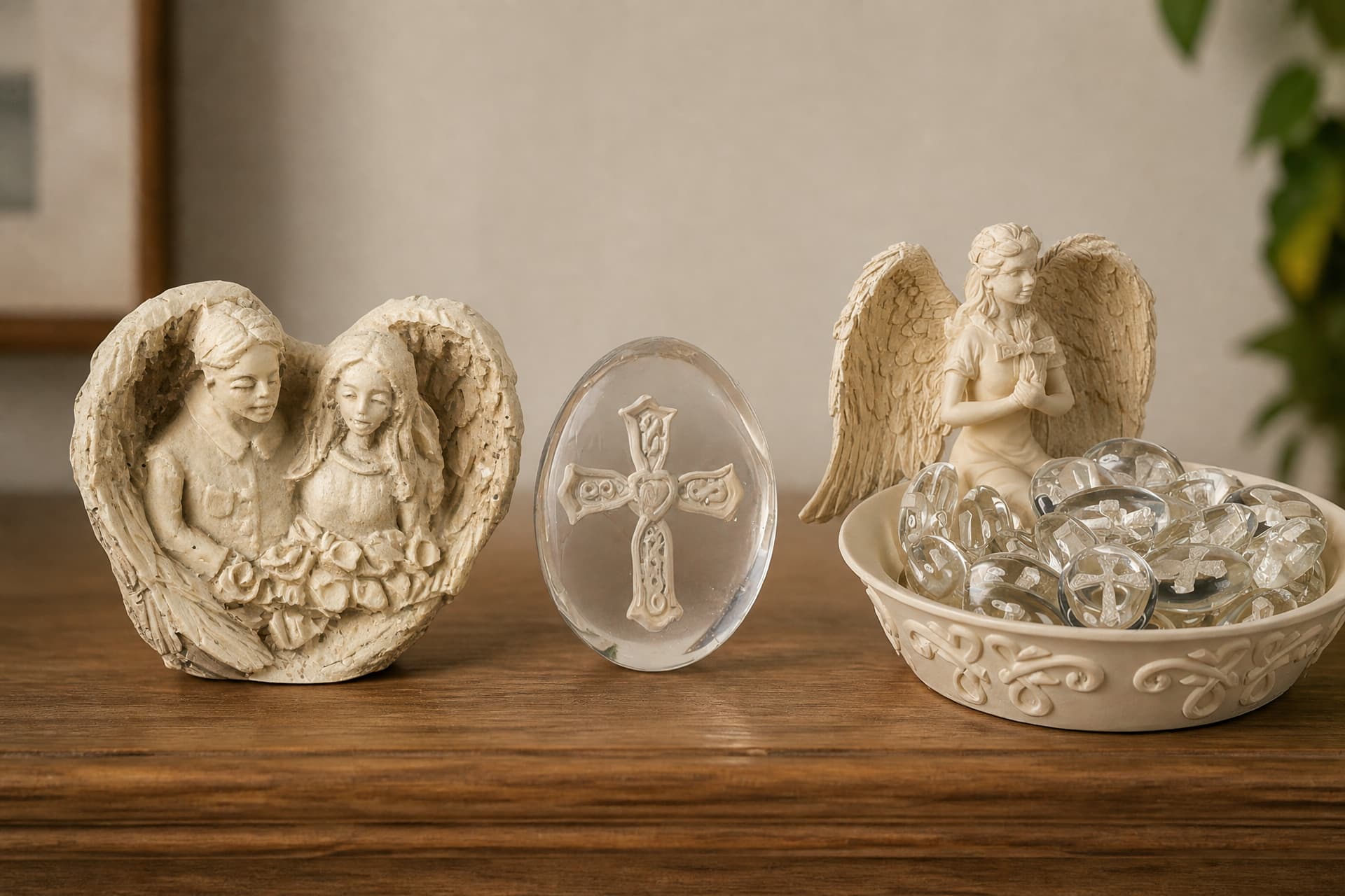 A sculpted angel keepsake, a clear comfort stone with a raised cross, and a dish of glass comfort stones on a wooden shelf