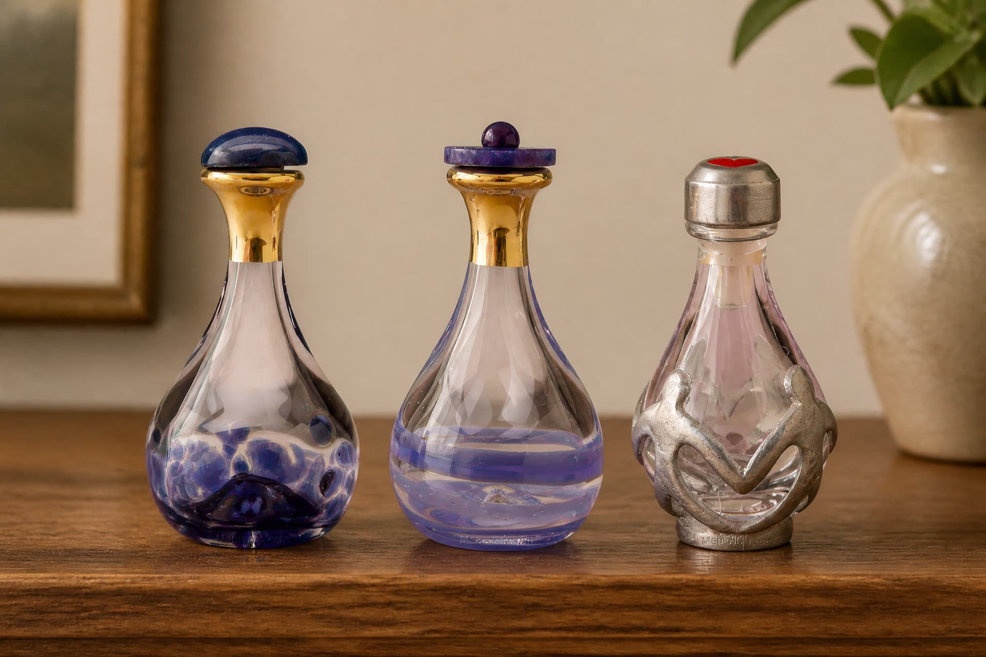 Three small glass tear bottles with decorative stoppers arranged on a wooden shelf in soft indoor light