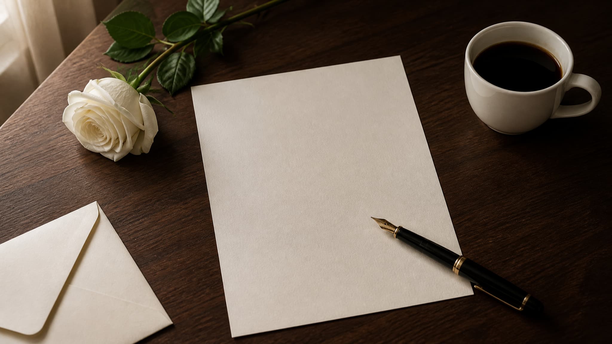A handwritten note on cream paper resting on a dark wooden table beside a cup of coffee and a single white rose in morning light