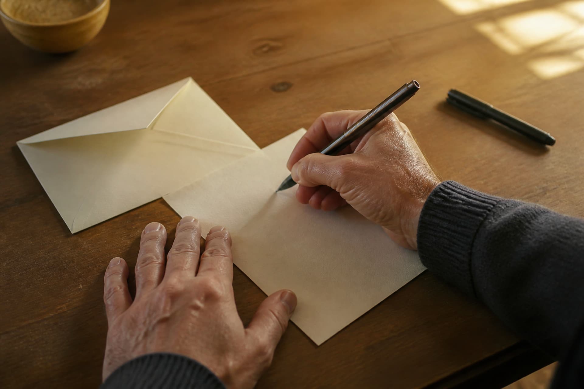 A person's hands writing a short note at a desk beside an open envelope and a pen, photographed from above with no text legible