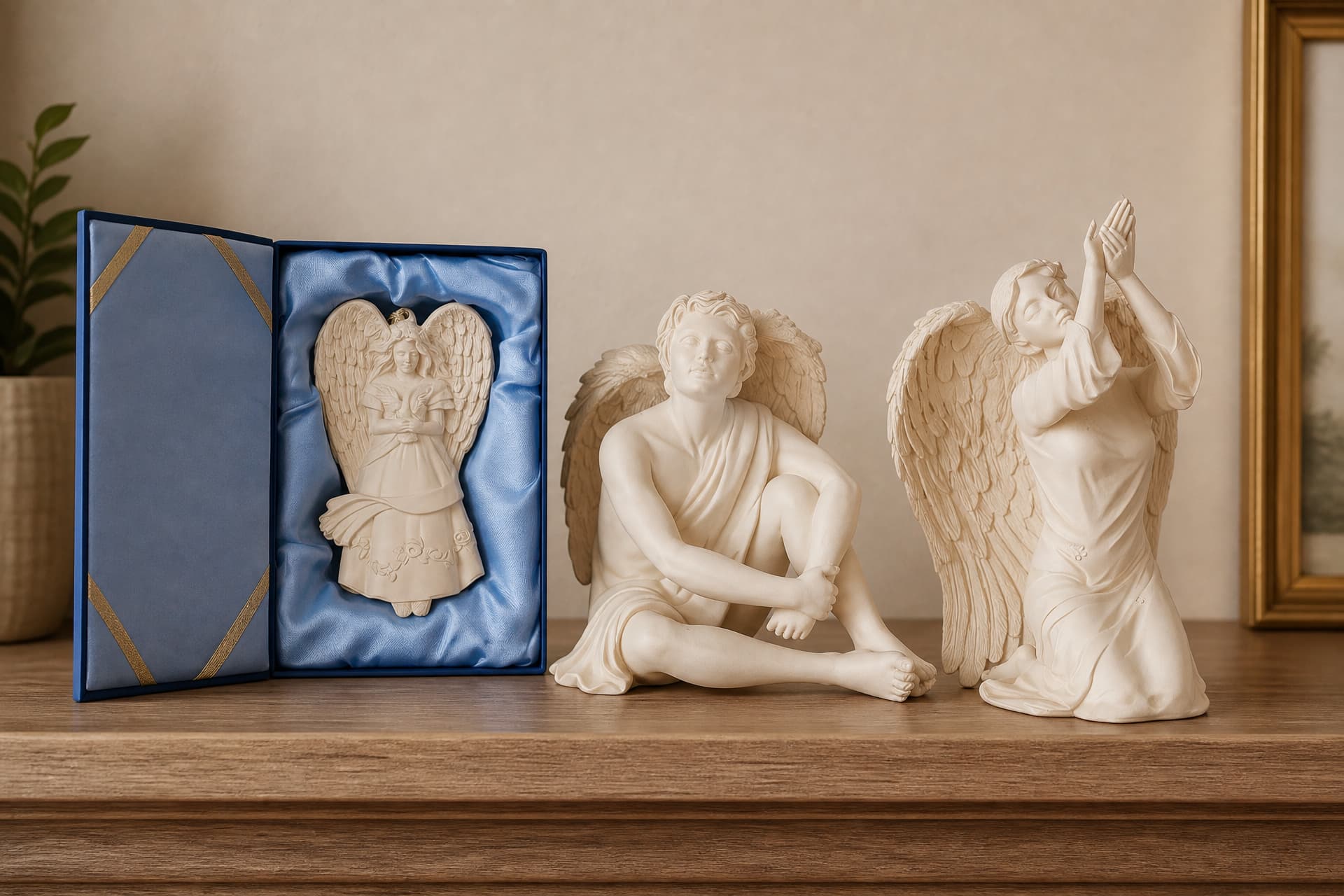 Three carved angel keepsakes arranged on a wooden shelf in warm indoor light, one still in its presentation box