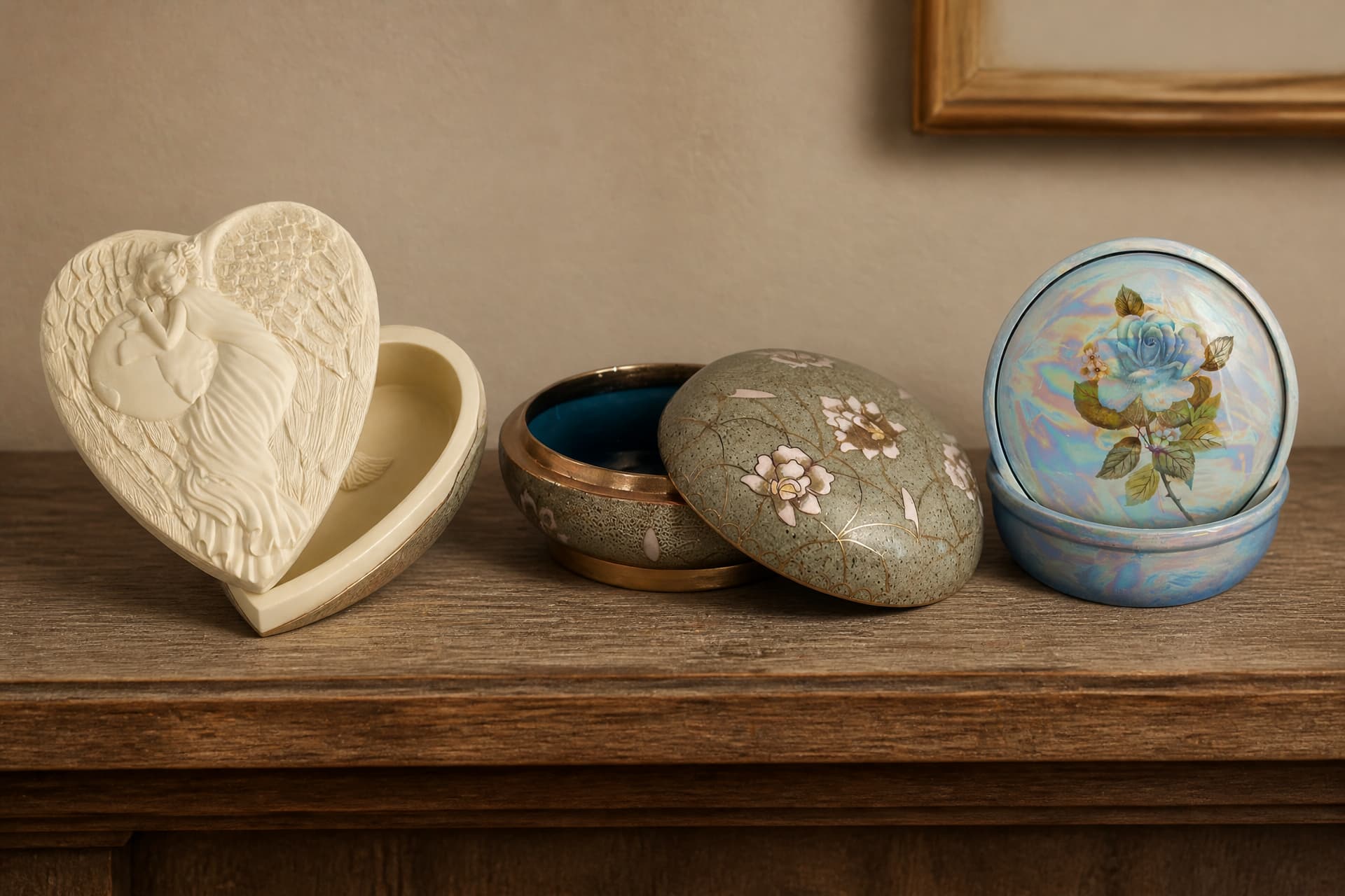 Three keepsake memento boxes in different shapes and finishes arranged on a wooden shelf in soft indoor light