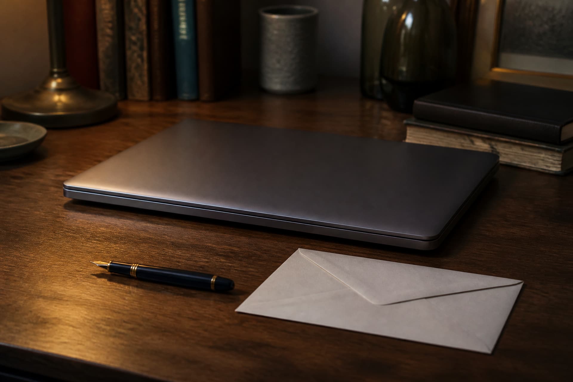 A closed laptop on a wooden desk beside a sealed white envelope and a fountain pen, low evening lamplight