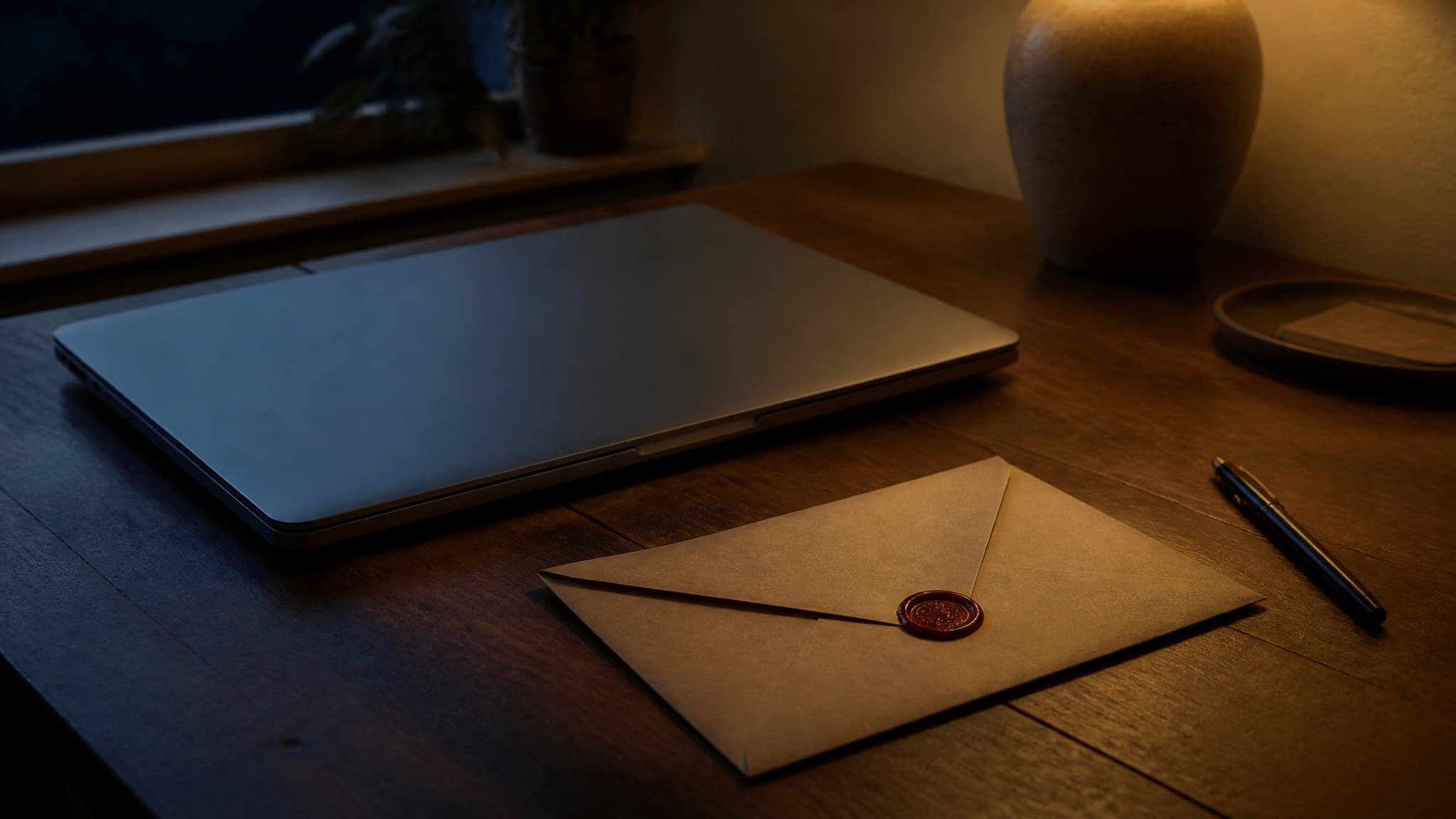 A closed laptop on a wooden desk beside a sealed envelope and a pen, in low evening light