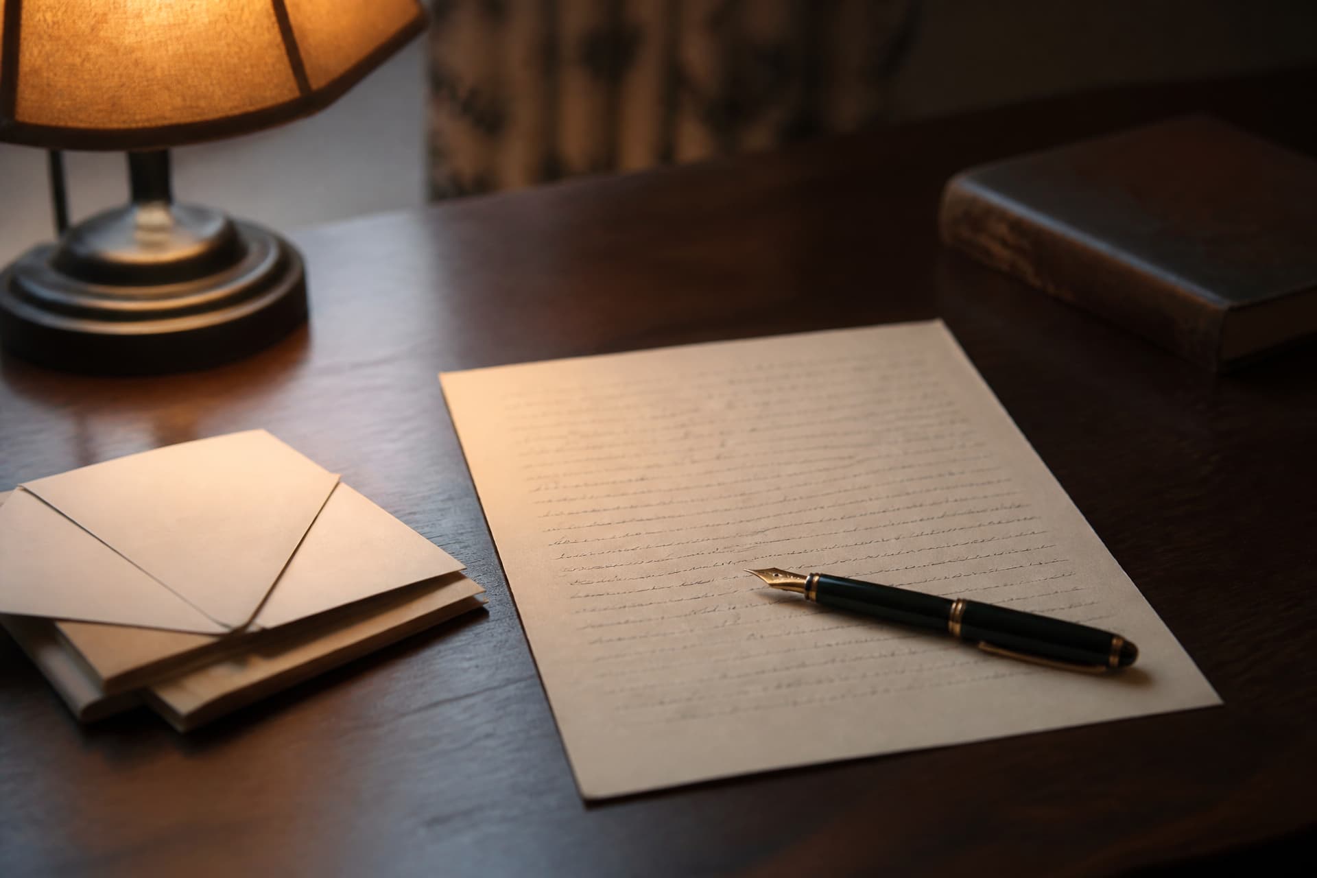 A sheet of writing paper on a desk with a fountain pen resting on it and a small stack of envelopes beside it, warm lamplight