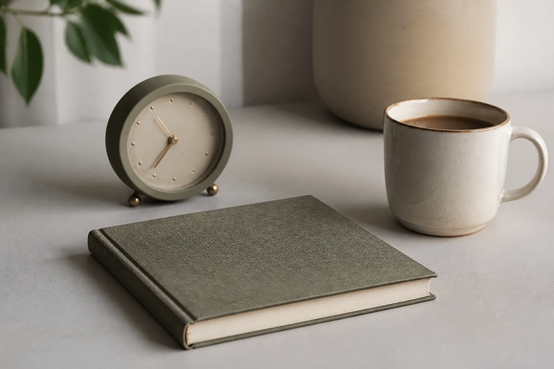 A small desk clock beside a closed notebook and a coffee cup on a plain surface, in flat morning light