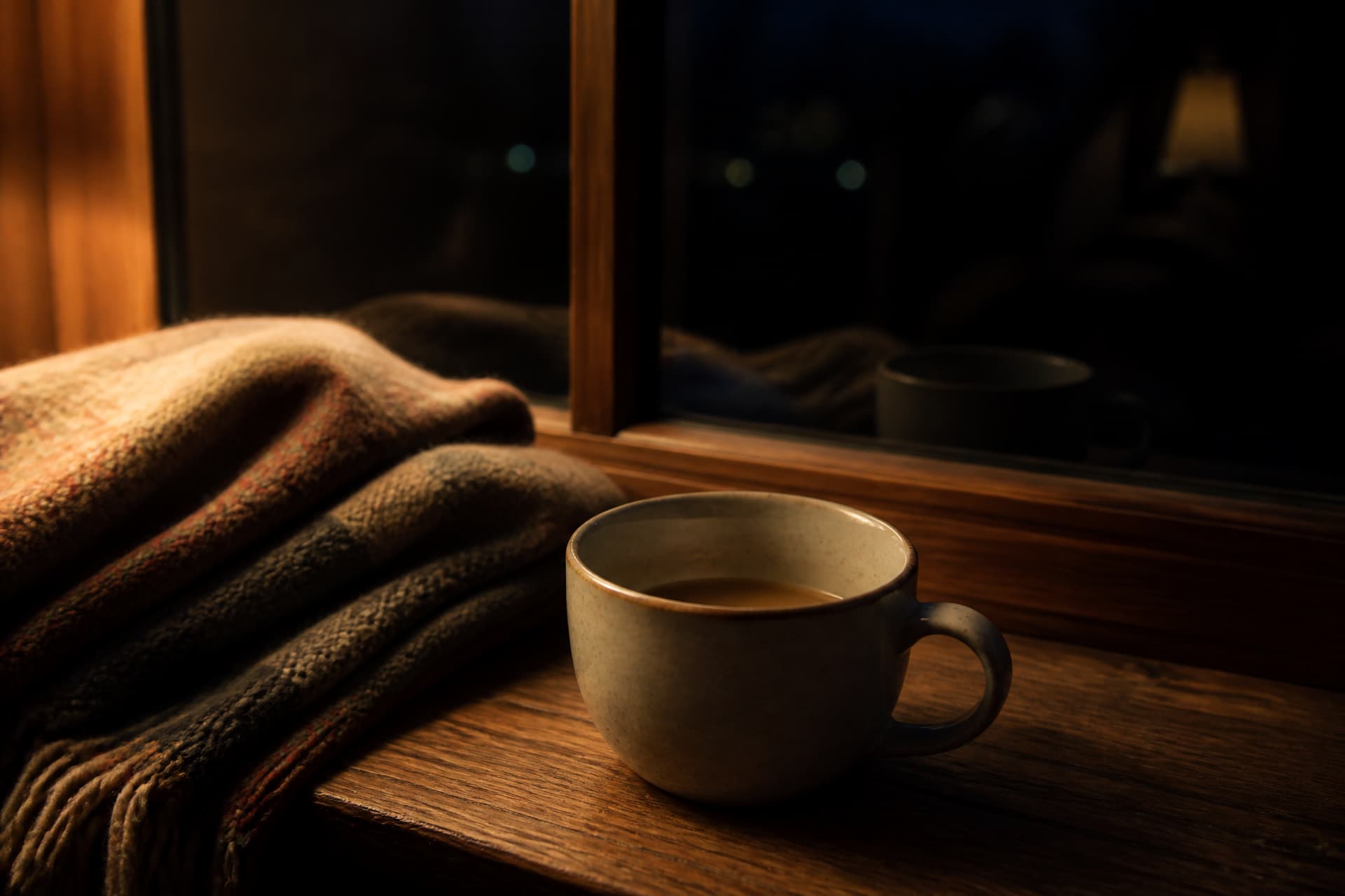 A cup of tea gone cold on a wooden windowsill at night, beside a folded blanket, with a dark window behind