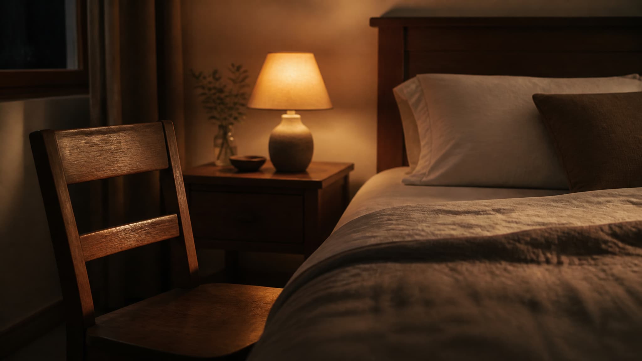A wooden chair pulled close beside a bed in a quiet room, lit by a single lamp at night