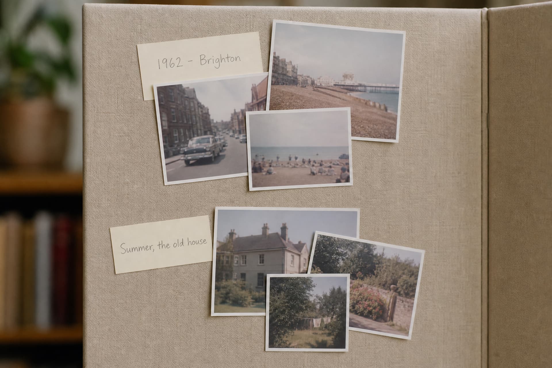 A close view of a trifold board panel showing photographs grouped in loose clusters with small handwritten date cards
