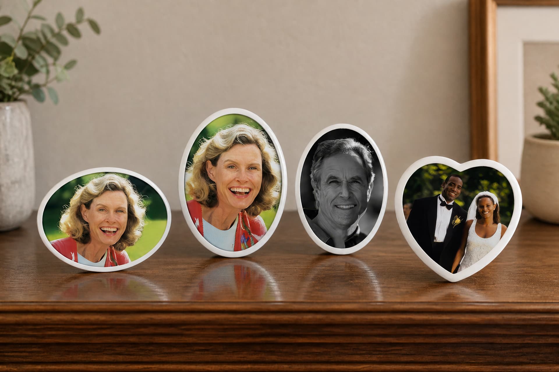 Four fired-porcelain memorial photographs, three oval and one heart-shaped, standing on a wooden shelf in daylight