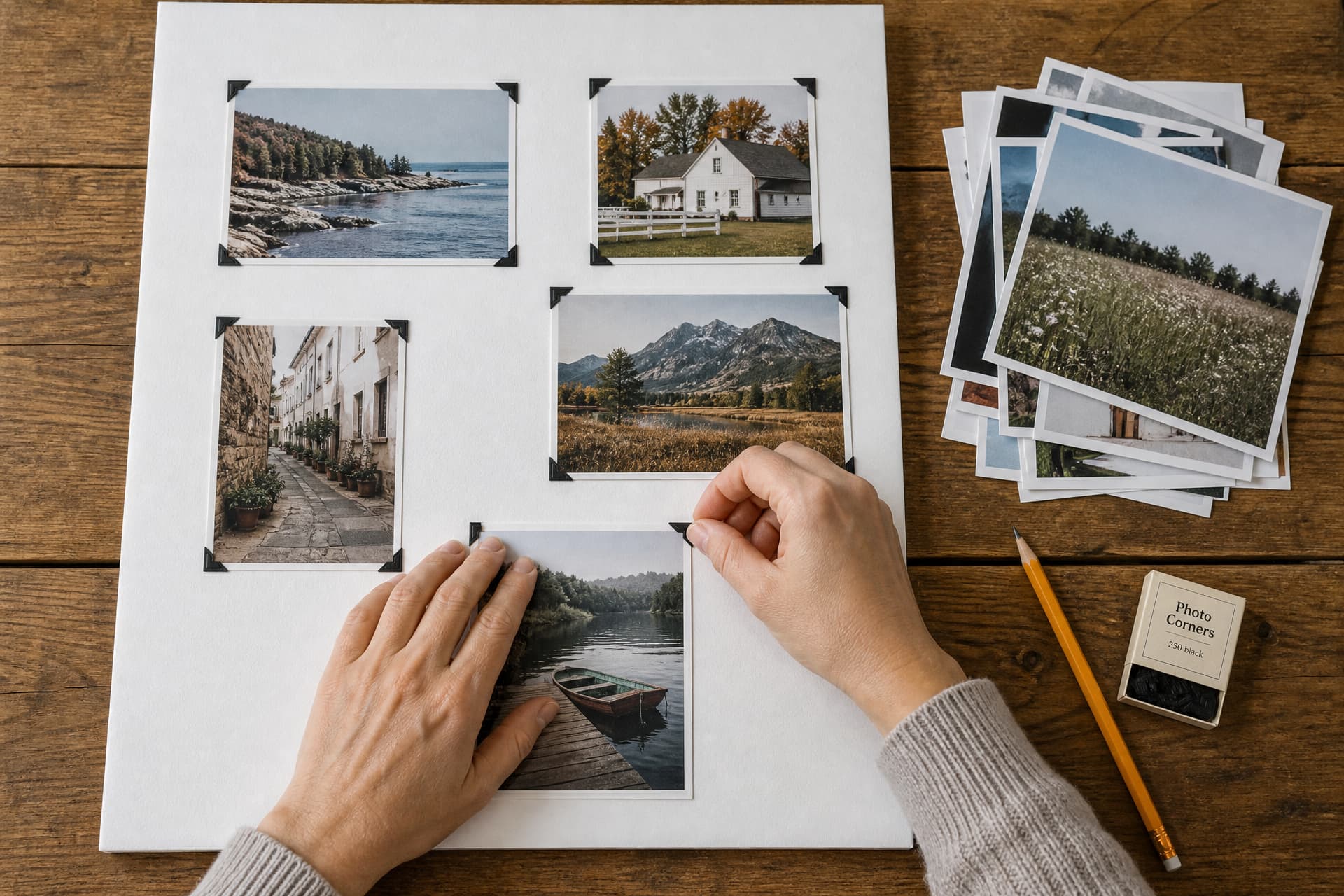 Hands arranging printed photographs on a foam board using photo corners, with a stack of prints and a pencil nearby