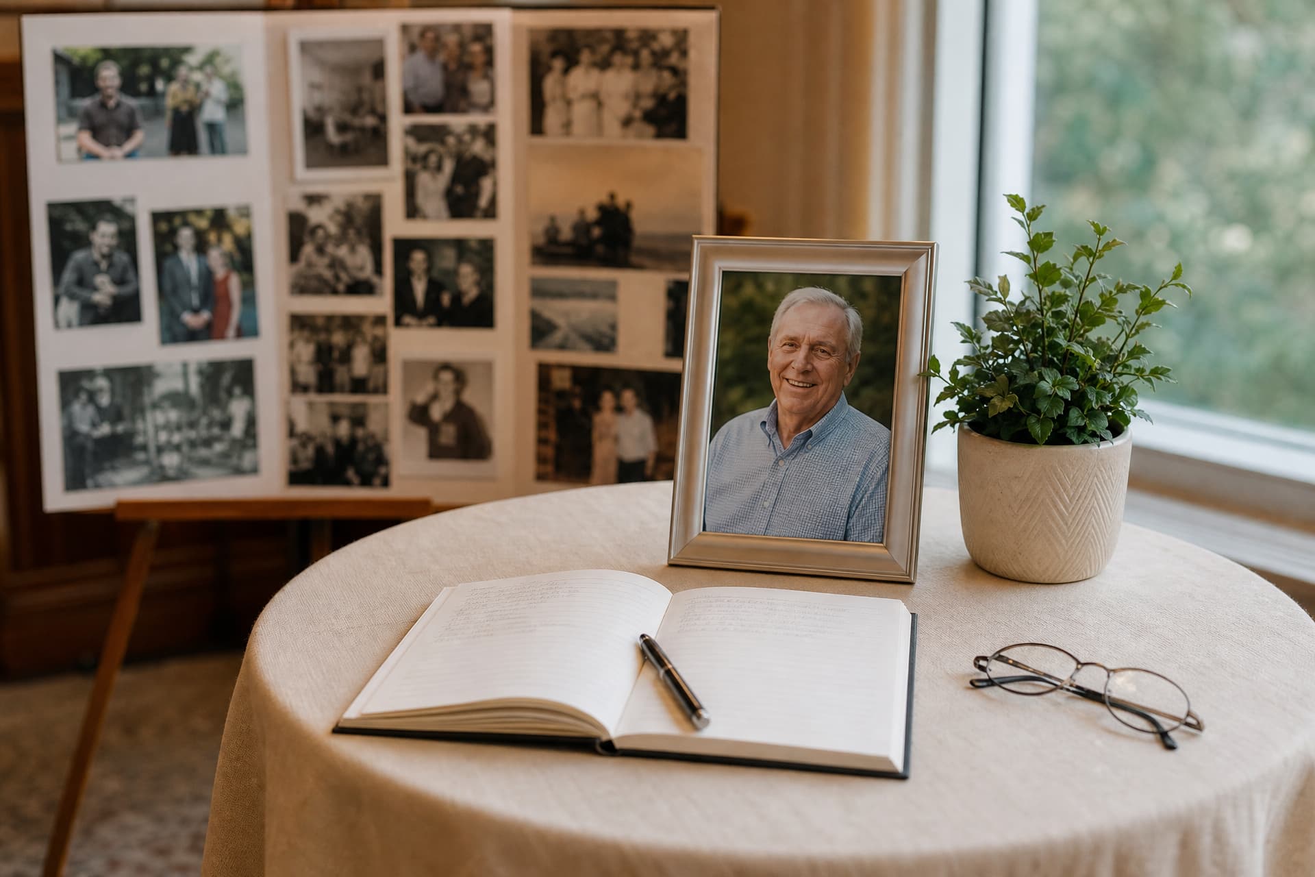 A memory table beside a trifold photo board, holding a guest book, a framed portrait and a few personal objects