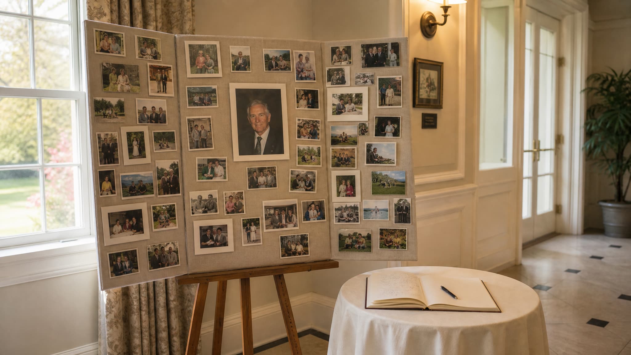 A trifold photo display board on an easel beside a guest book table, covered in family photographs in a loose grid